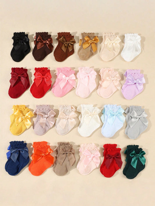 6 Pairs of Toddlers/Infants Random Solid Color Bow Short Socks, Fashionable & Cute for Daily Wear, Spring/Summer