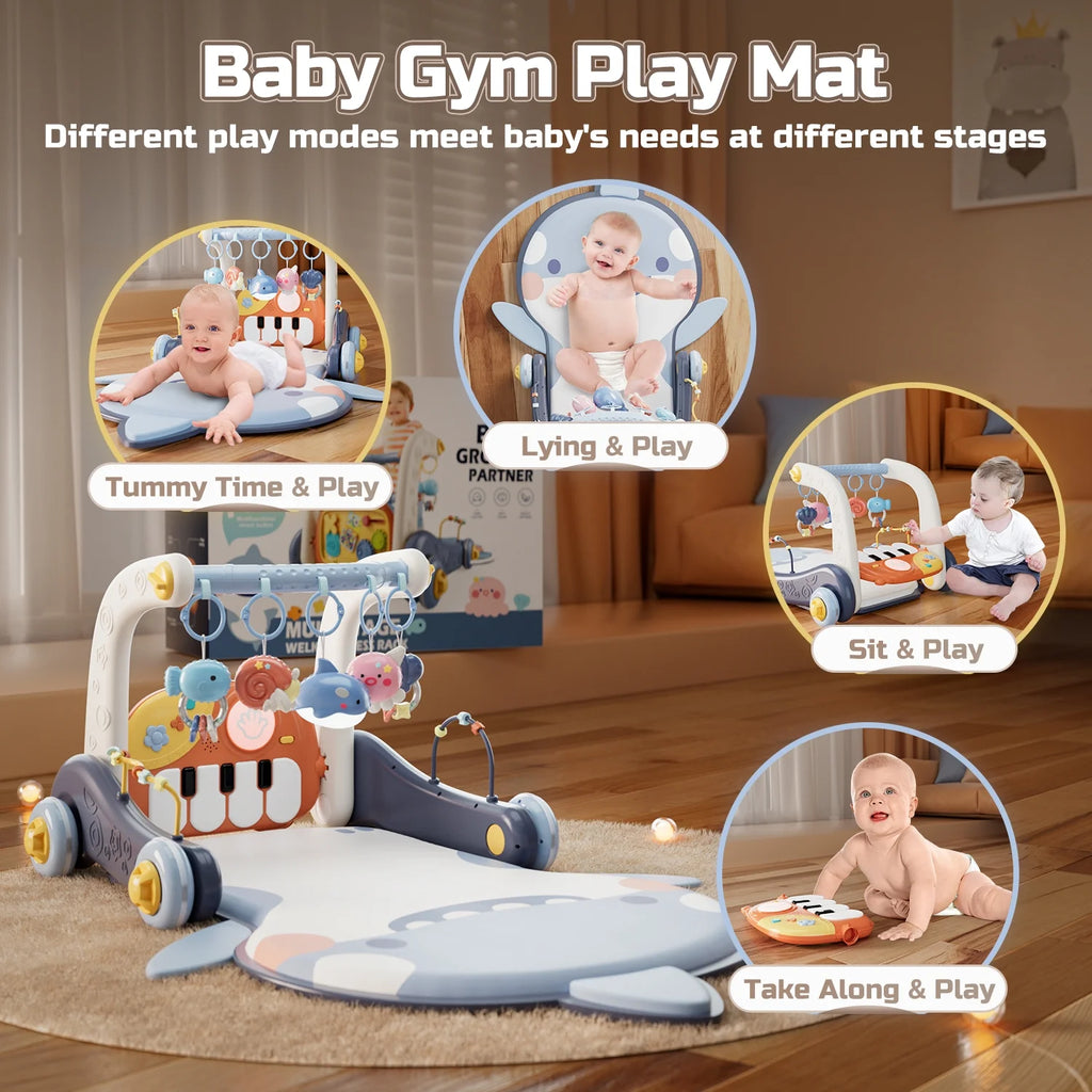 4 in 1 Baby Gym Play Mat & Baby Learning Walker, Activity Mat with Kick and Play Piano for Infant Newborn, Gift 0-12 Months
