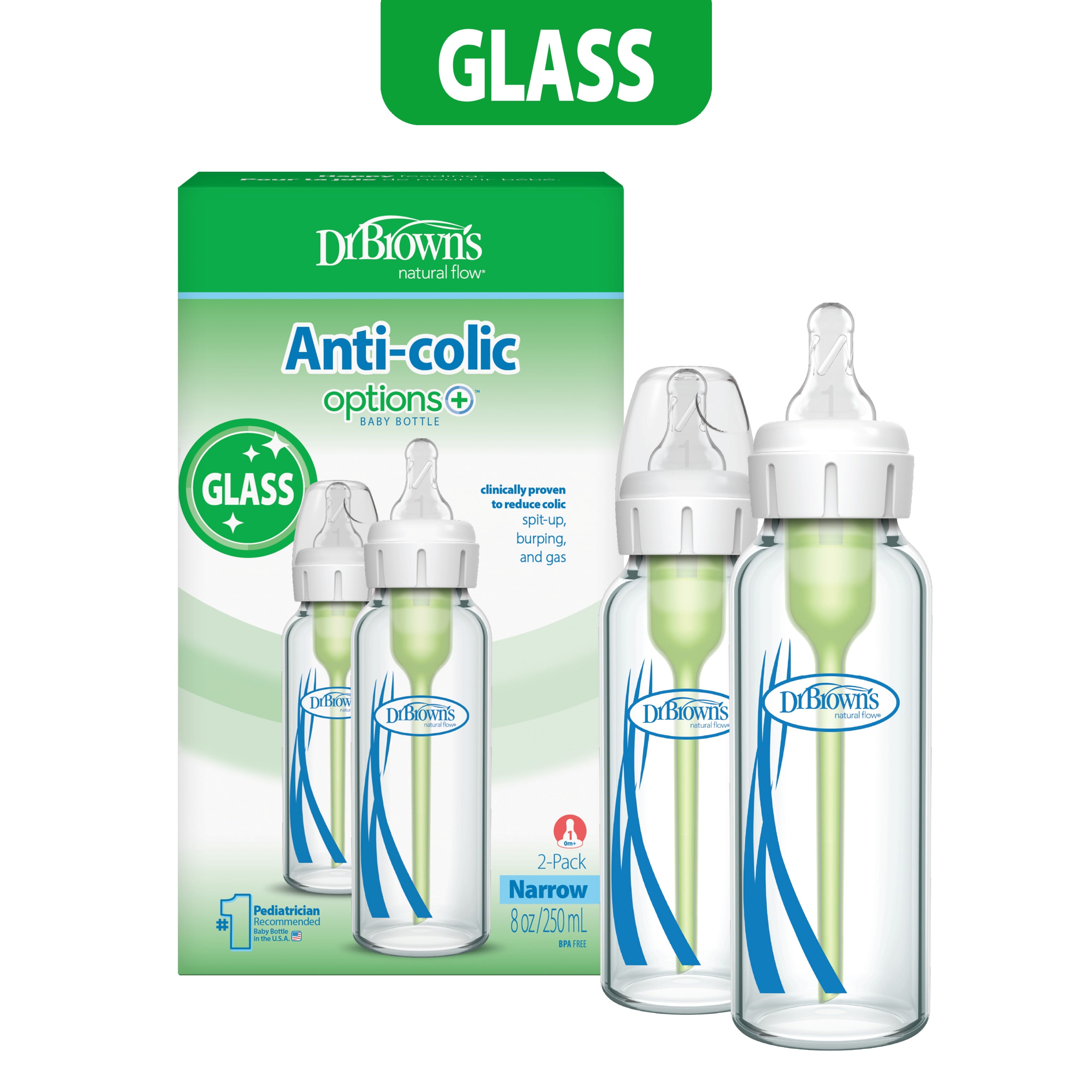 Anti-Colic Options+ Narrow Glass Baby Bottle, 8 Oz/250 Ml, with Level 1 Slow Flow Nipple, BPA Free, 0M+, 2 Pack