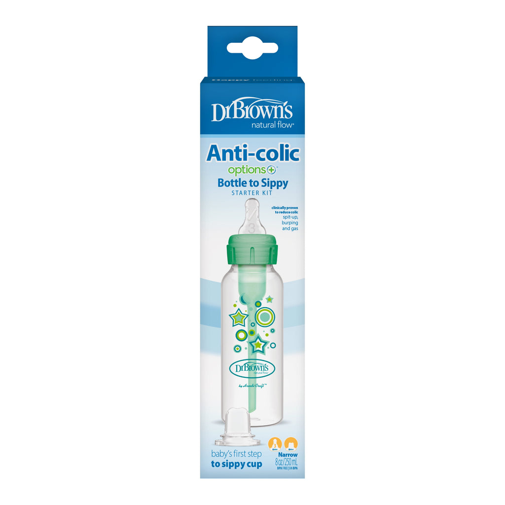 Anti-Colic Options+ Narrow Sippy Bottle Starter Kit, 8Oz/250Ml, Green, BPA Free, 6M+