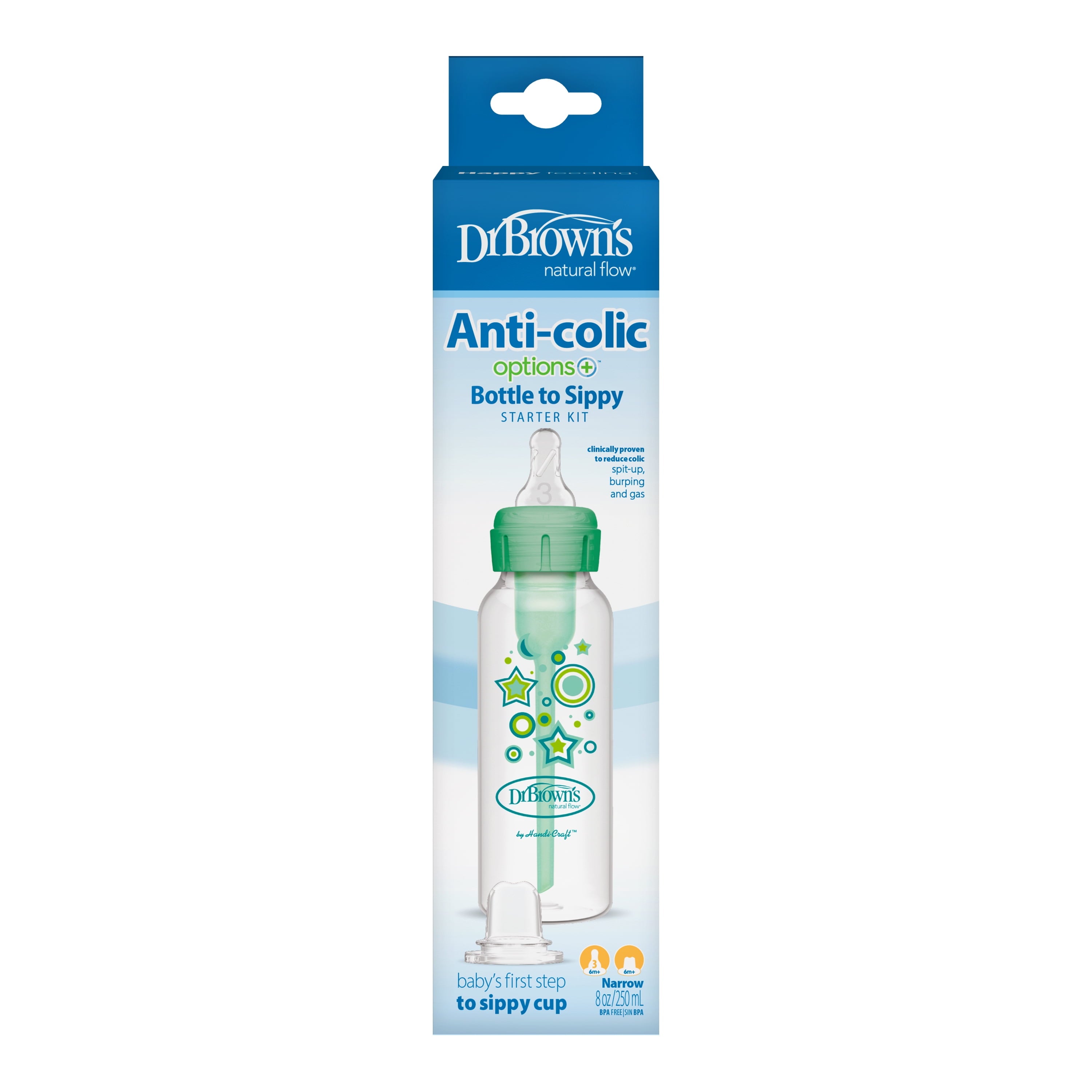 Anti-Colic Options+ Narrow Sippy Bottle Starter Kit, 8Oz/250Ml, Green, BPA Free, 6M+