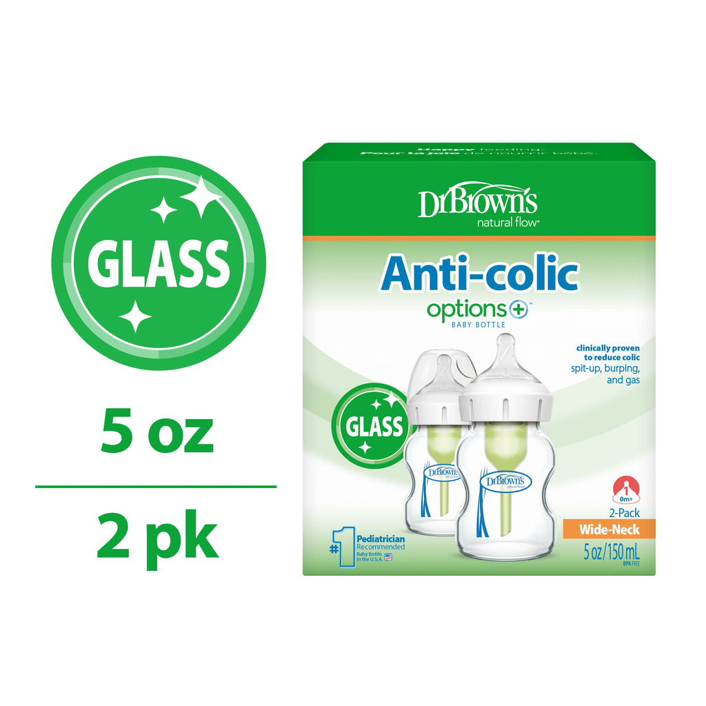 Anti-Colic Options+ Wide-Neck Glass Baby Bottle, 5Oz, Slow Flow Nipple, BPA Free, 0M+, 2-Pack