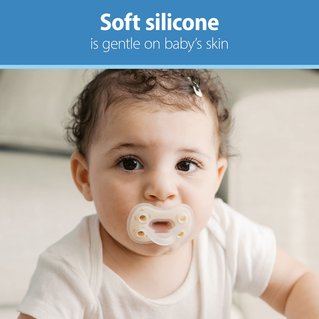 Advantage One-Piece Silicone Baby Pacifier, Fully Symmetrical, Neutral, 0-6M, 3 Pack