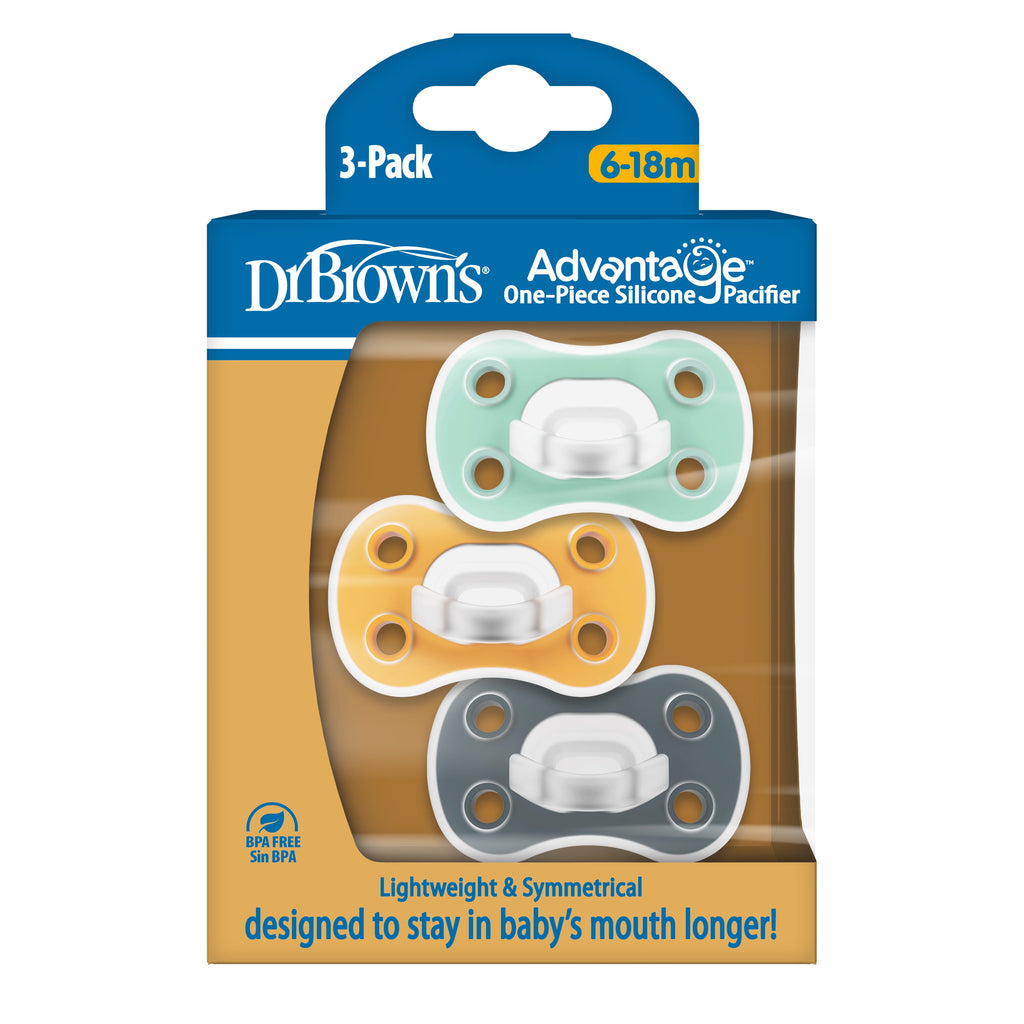 Advantage Lightweight One-Piece Silicone Baby Pacifier, Fully Symmetrical Soother, Neutral, 6-18M, BPA Free, 3 Pack