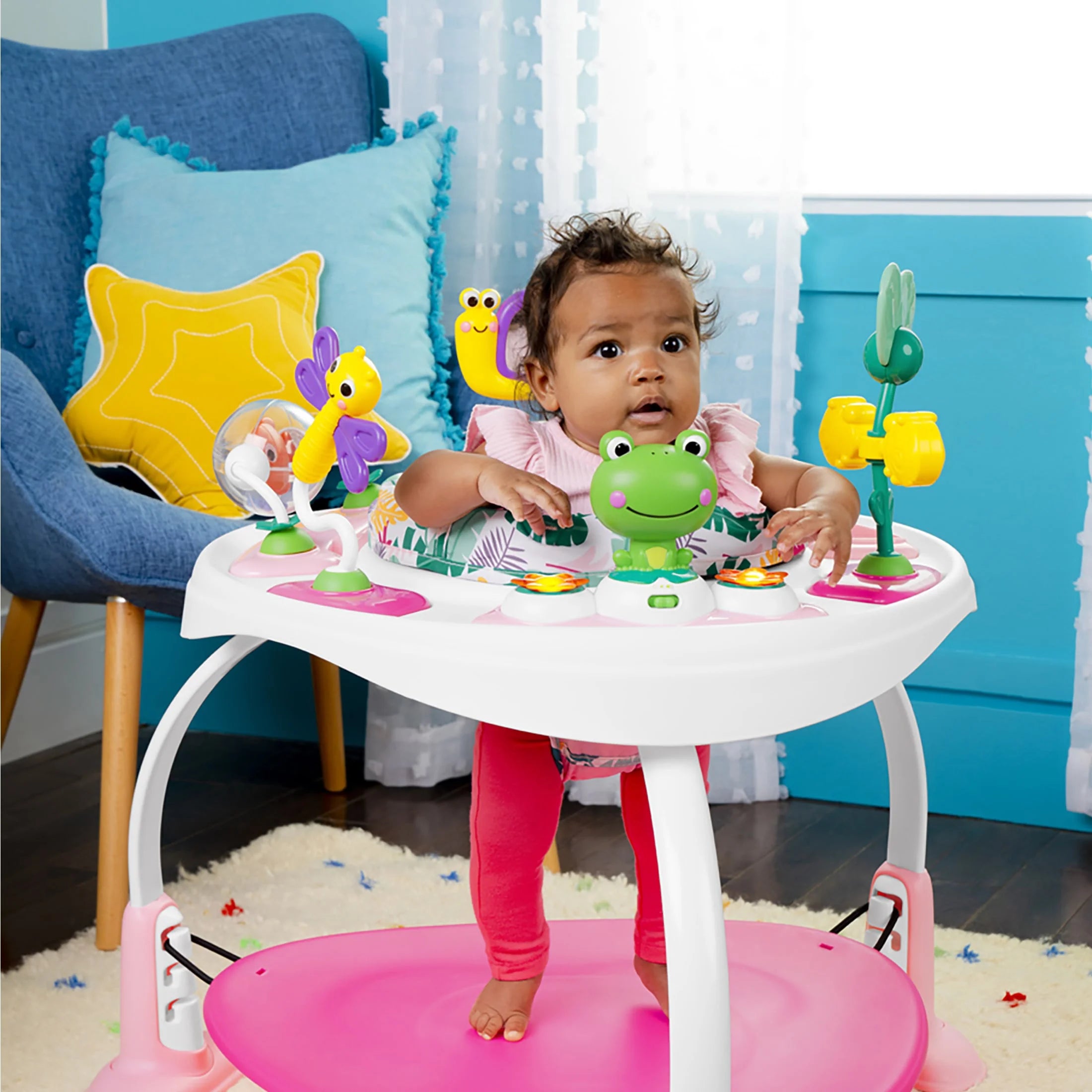 Bounce Bounce Baby 2-In-1 Activity Center Jumper & Table - Playful Palms Pink, 6 Months and Up