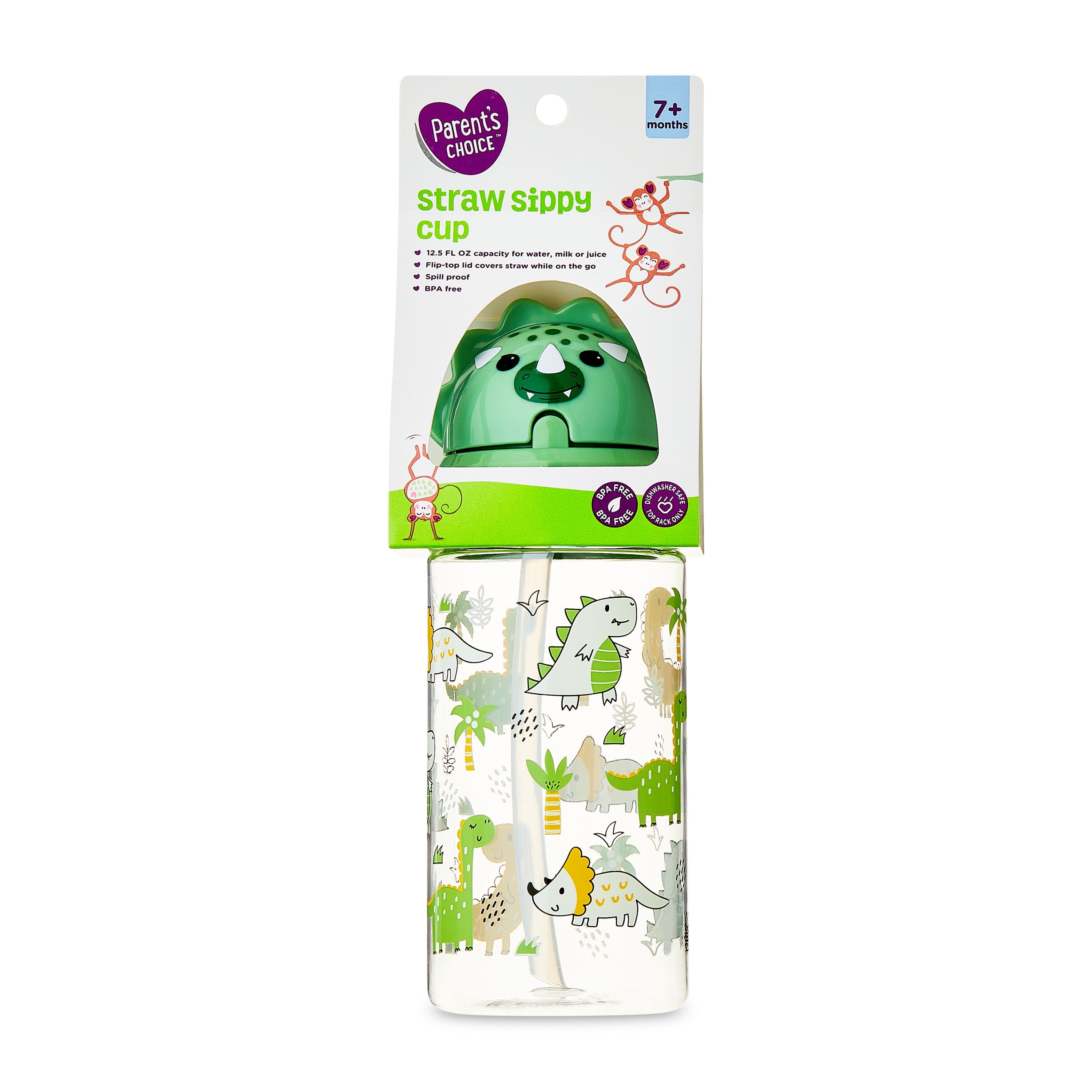 Dino Green Tritan Plastic Sippy Water Bottle for Kids, Bpa-Free