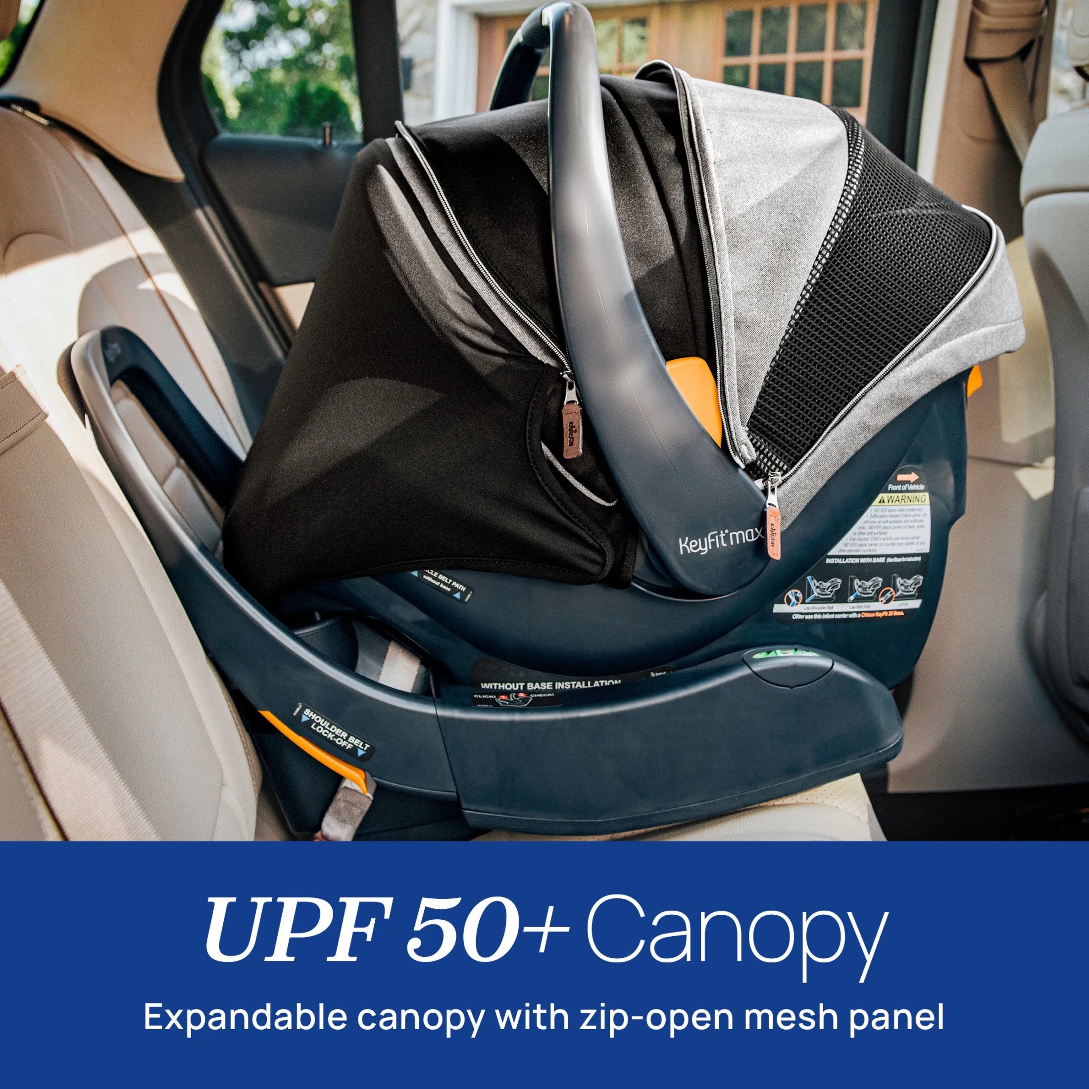 Keyfit® Max Zip Cleartex® Extended-Use Infant Car Seat and Stay-In-Car Base, Rear-Facing, 1-Hand Adjust Handle, Zip-Open Privacy Shield - Sierra (Beige), New