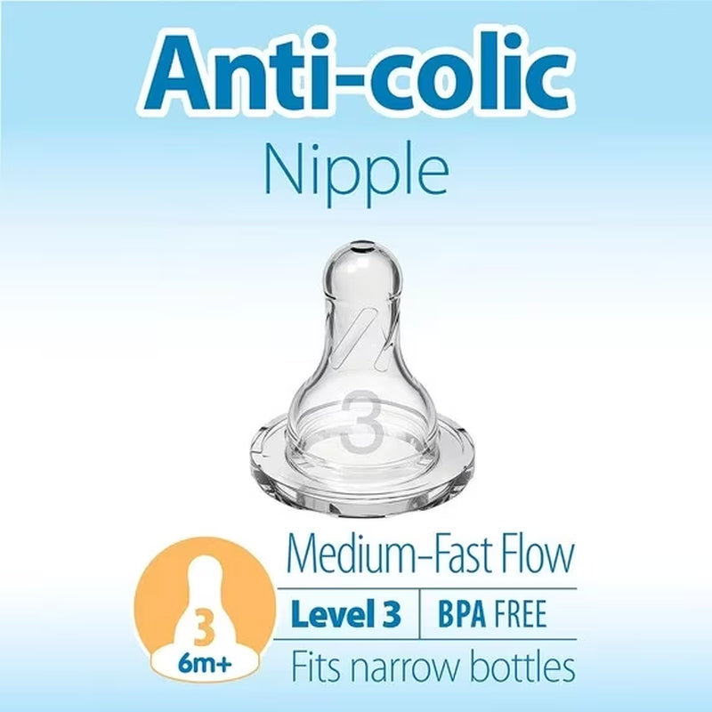(3 Pack)  Natural Flow Level 3, Narrow Baby Bottle Nipple, Medium-Fast Flow, 6M+, 100% Silicone, 6 Pack