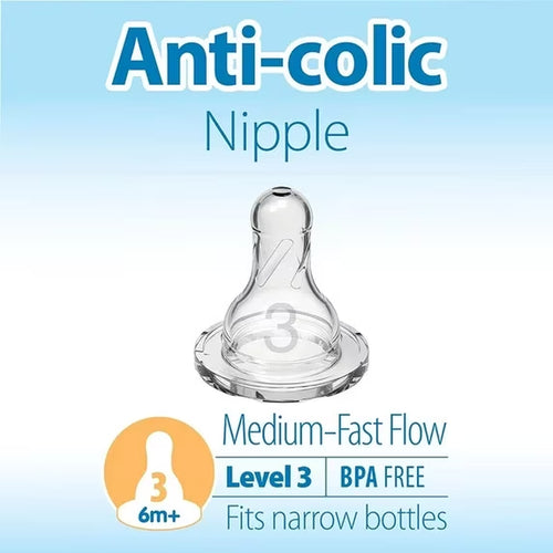 (3 Pack)  Natural Flow Level 3, Narrow Baby Bottle Nipple, Medium-Fast Flow, 6M+, 100% Silicone, 6 Pack