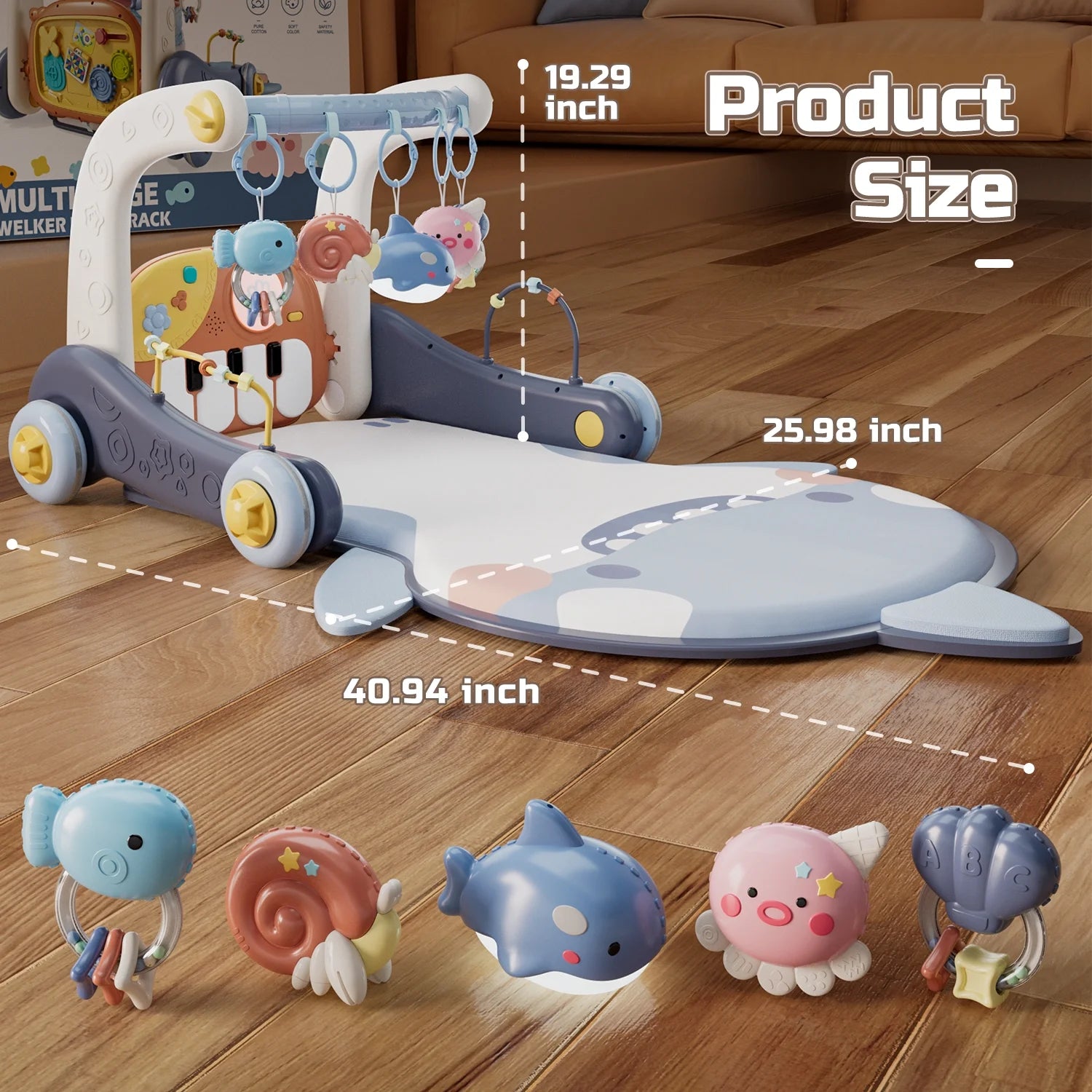 4 in 1 Baby Gym Play Mat & Baby Learning Walker, Activity Mat with Kick and Play Piano for Infant Newborn, Gift 0-12 Months