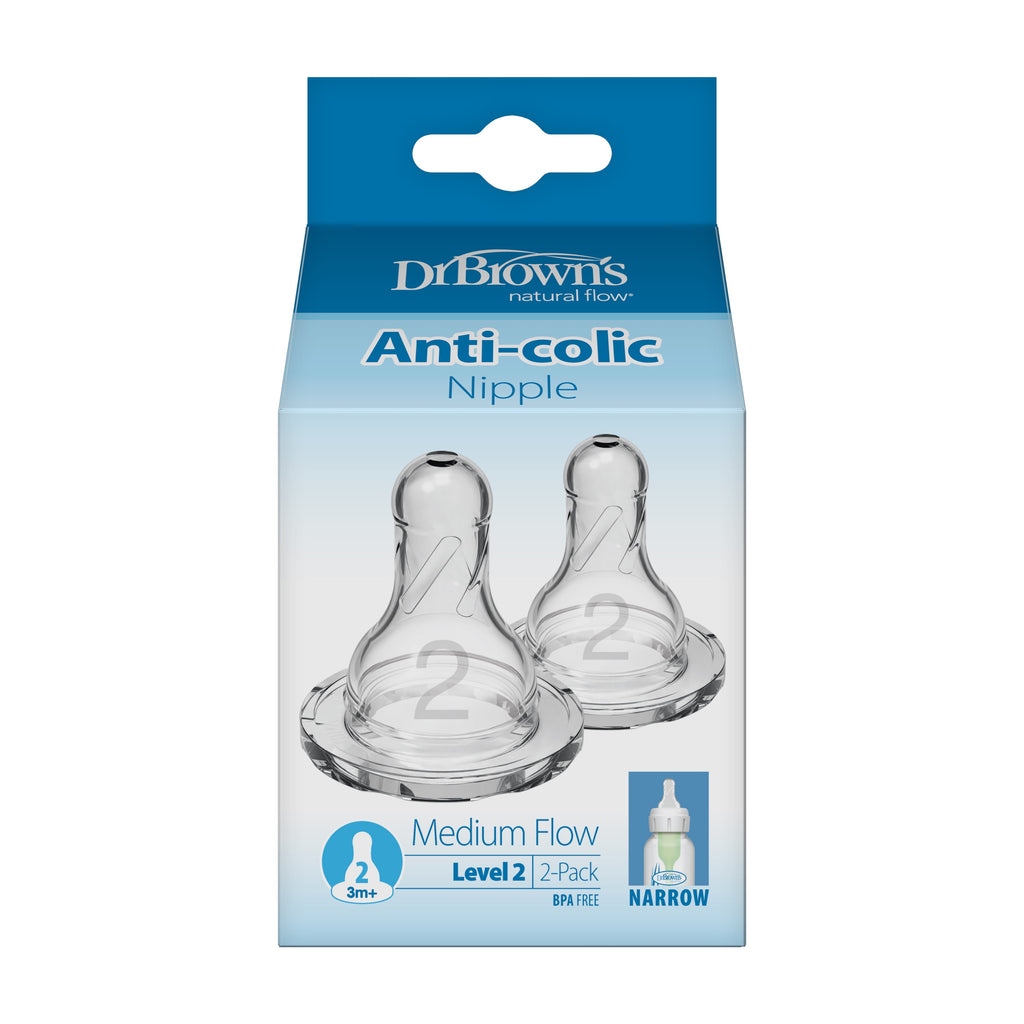 Natural Flow Level 2 Narrow Baby Bottle Nipple, Medium Flow, 3M+, 100% Silicone, 2-Pack