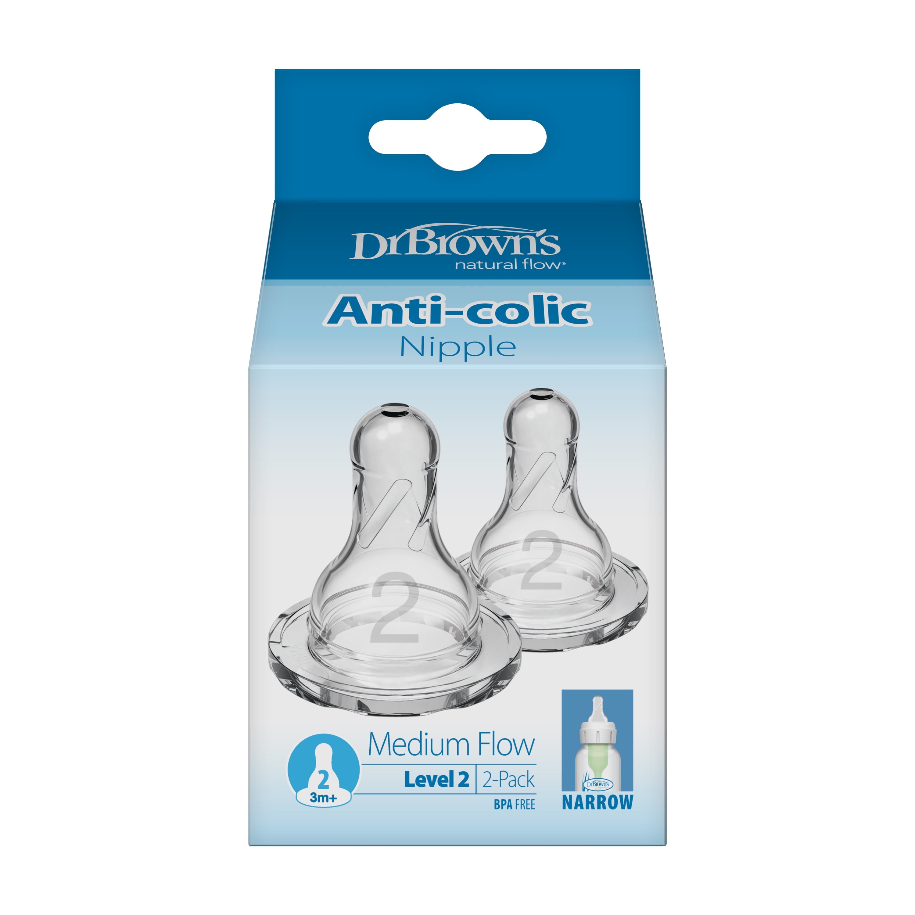 Natural Flow Level 2 Narrow Baby Bottle Nipple, Medium Flow, 3M+, 100% Silicone, 2-Pack