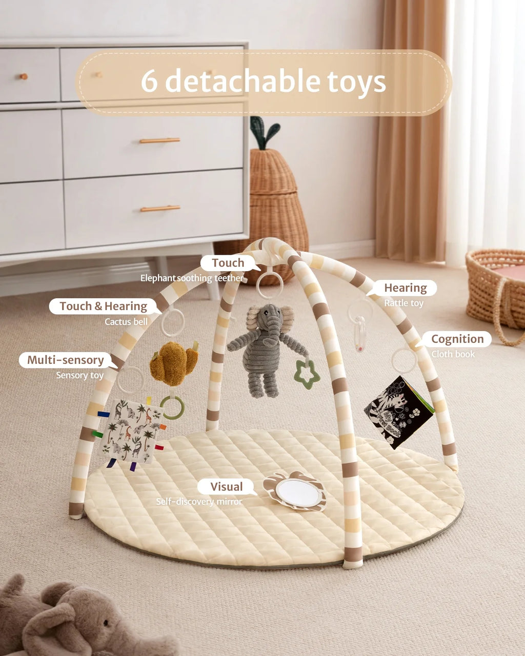 Baby Play Gym Activity Mat, Tummy Time Mat Play Mat with 6 Sensory Toys for Motor Skill Development, Newborn Infant Baby Essentials Gift for Boys Girls, Oatmeal Beige
