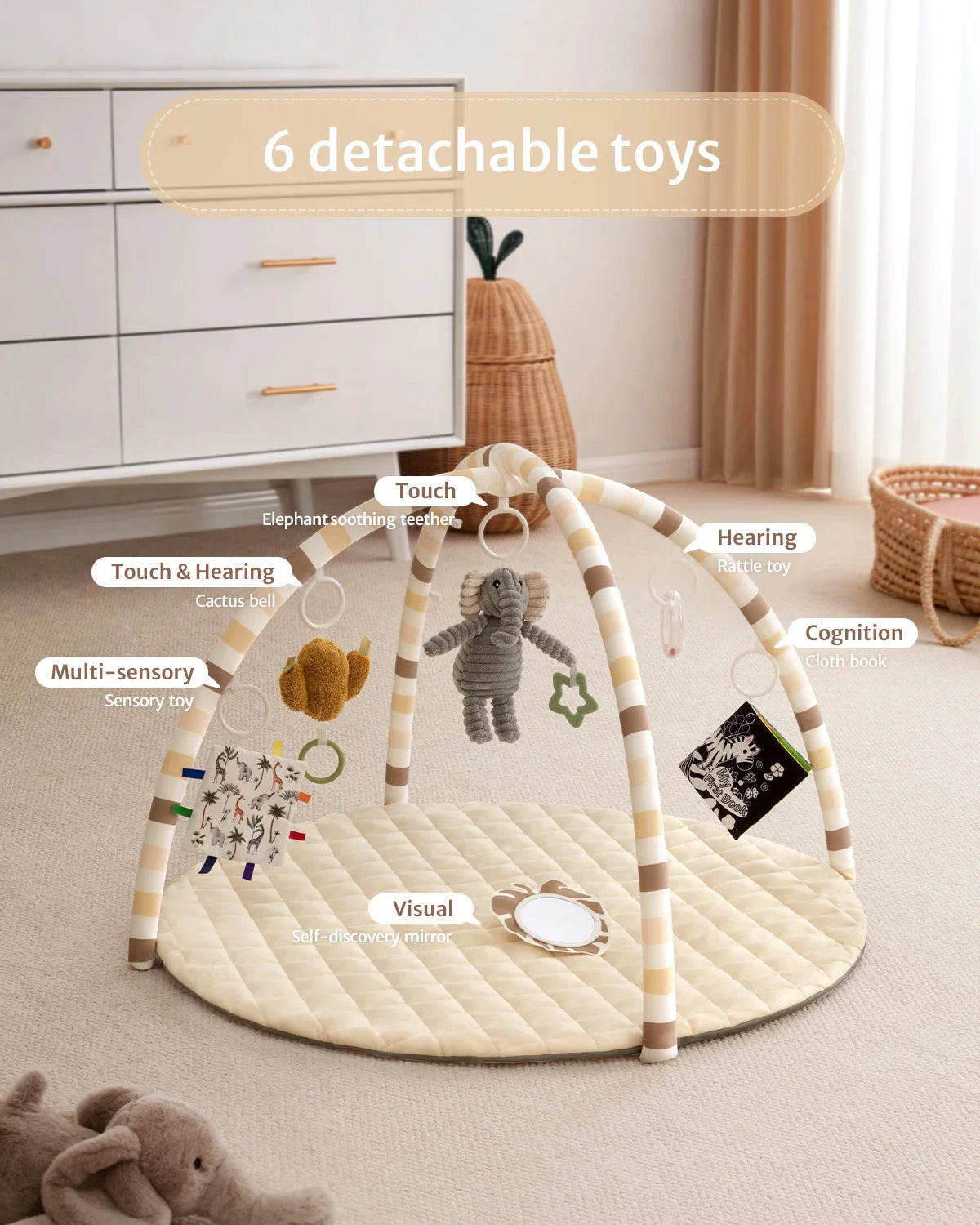 Baby Play Gym Activity Mat, Tummy Time Mat Play Mat with 6 Sensory Toys for Motor Skill Development, Newborn Infant Baby Essentials Gift for Boys Girls, Oatmeal Beige