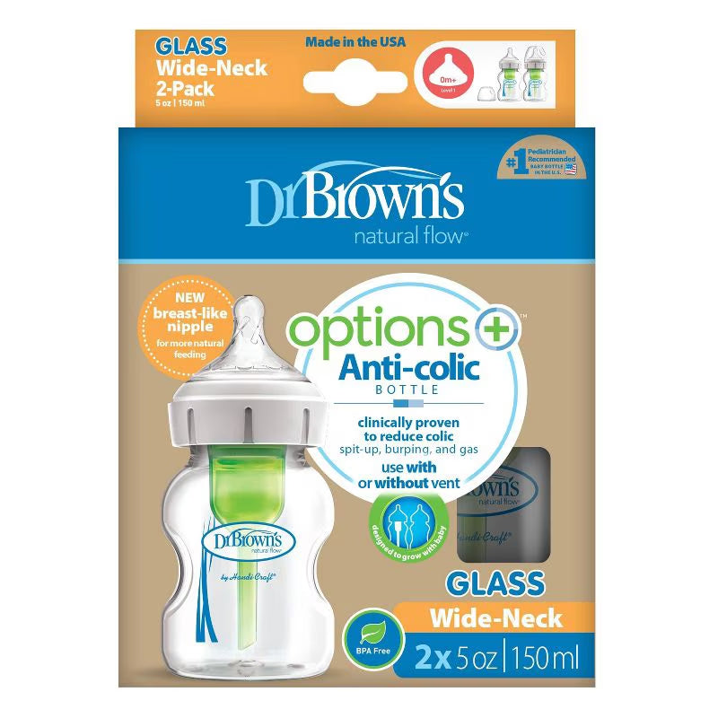 Dr. Brown'S Options+ Wide-Neck Anti-Colic Glass Baby Bottle - 2Pk