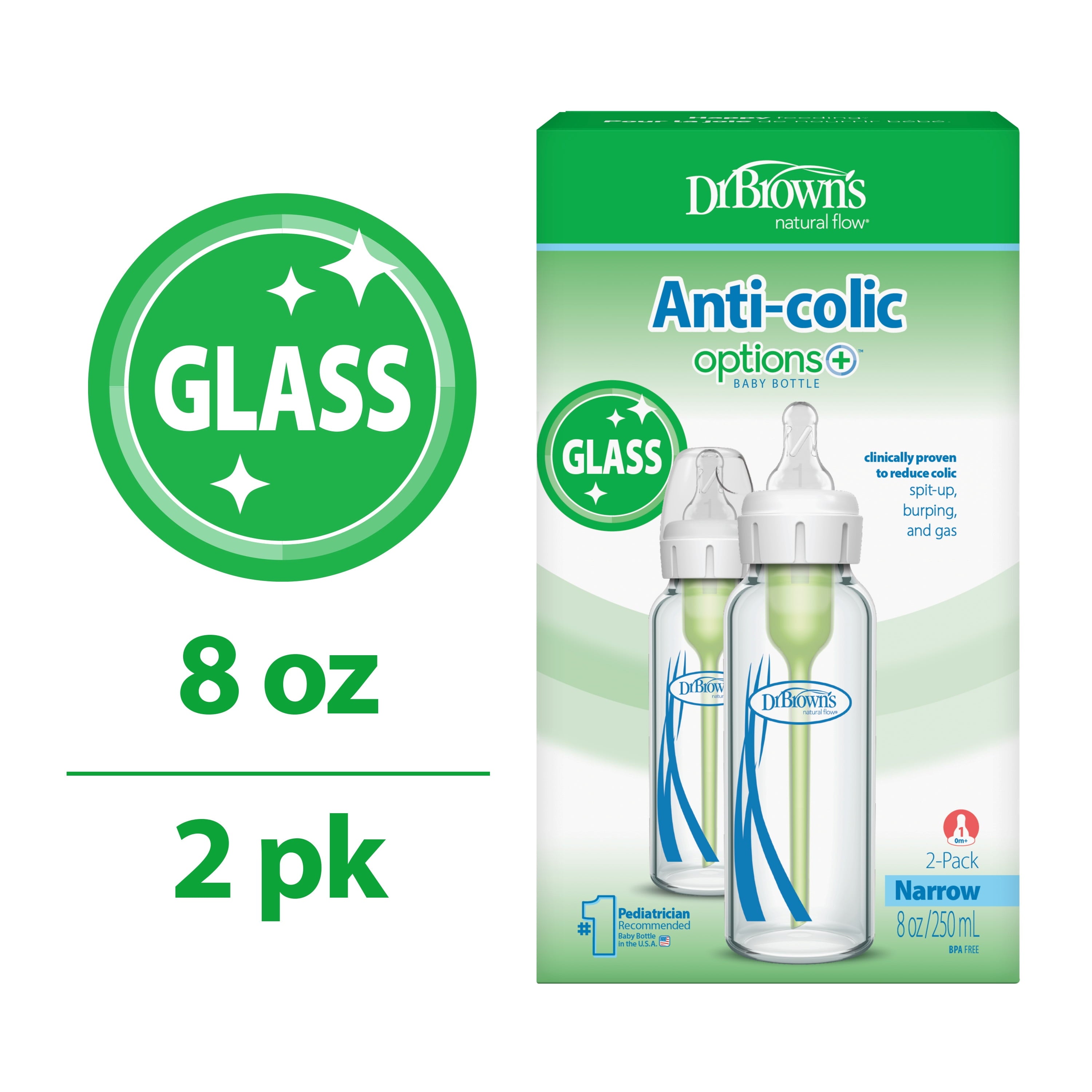 Anti-Colic Options+ Narrow Glass Baby Bottle, 8 Oz/250 Ml, with Level 1 Slow Flow Nipple, BPA Free, 0M+, 2 Pack