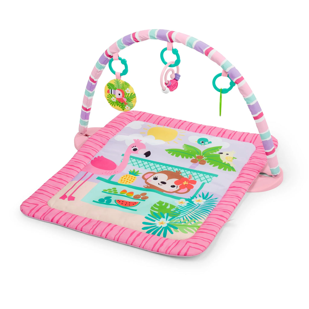 Pink Palms Tiki Toy Bar Baby Activity Gym & Tummy Time Mat with Toy Bar and 3 Toys, Newborn to 3 Years