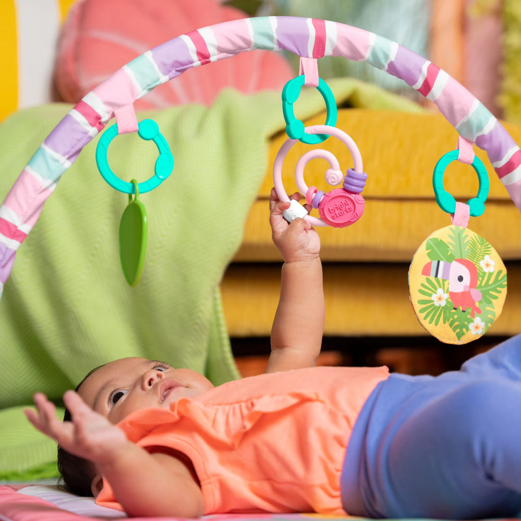 Pink Palms Tiki Toy Bar Baby Activity Gym & Tummy Time Mat with Toy Bar and 3 Toys, Newborn to 3 Years