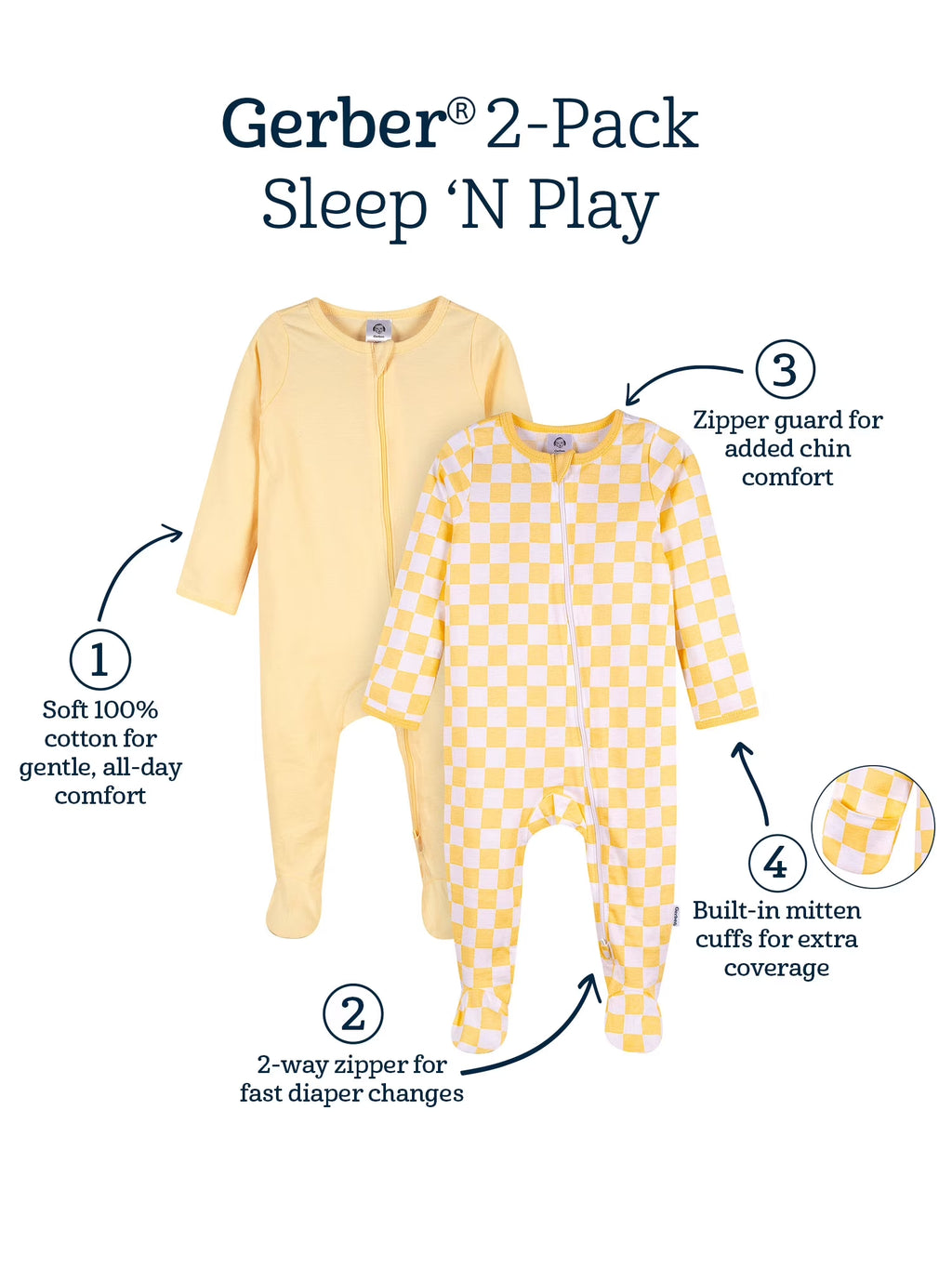 Baby Boy or Girl Neutral 2-Way Zipper Cotton Sleep 'N Play Footed Pajamas, 2-Pack, Sizes Newborn - 3/6 Months