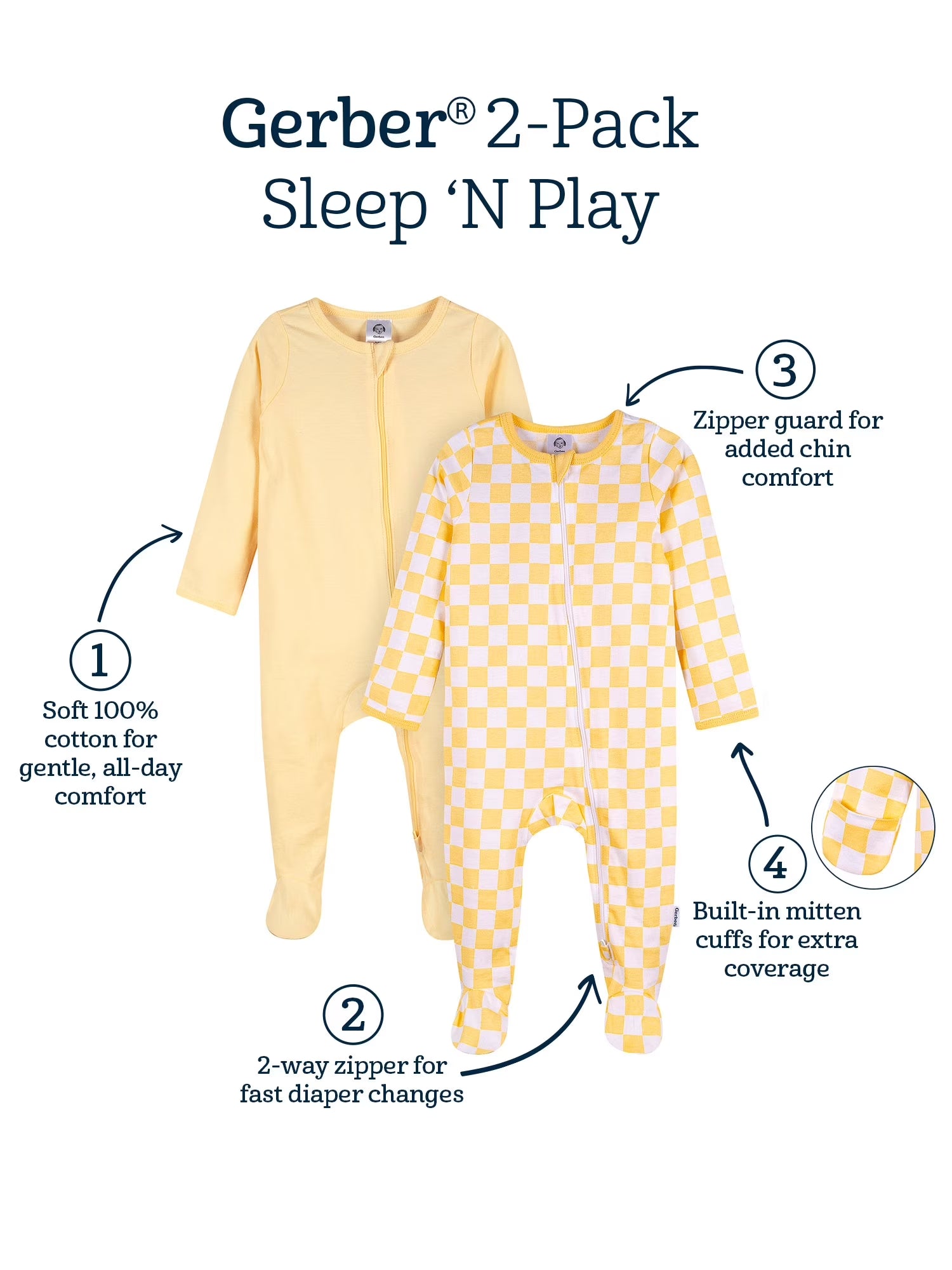 Baby Boy or Girl Neutral 2-Way Zipper Cotton Sleep 'N Play Footed Pajamas, 2-Pack, Sizes Newborn - 3/6 Months
