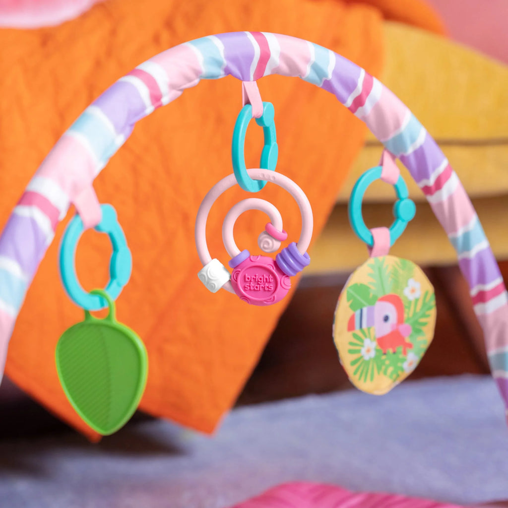Pink Palms Tiki Toy Bar Baby Activity Gym & Tummy Time Mat with Toy Bar and 3 Toys, Newborn to 3 Years