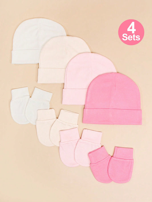 4Sets Pink Newborn Hospital Hat Baby Hat and anti Scratch Mittens Set for 0-3 Months Newborn Baby Girls Essentials Bonnet Infant Beanie Caps and Gloves Casual Everyday Hat