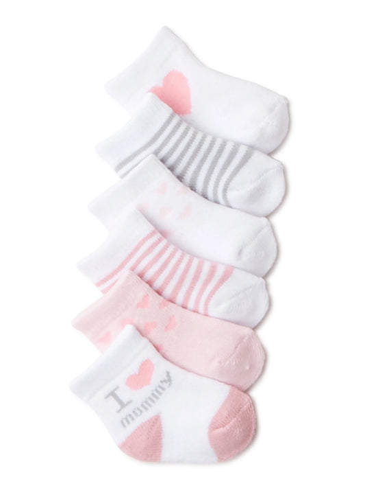 0-6 Months Cotton Polyester Spandex Baby Girl Mommy Crew Cut Socks, 6 Pack
