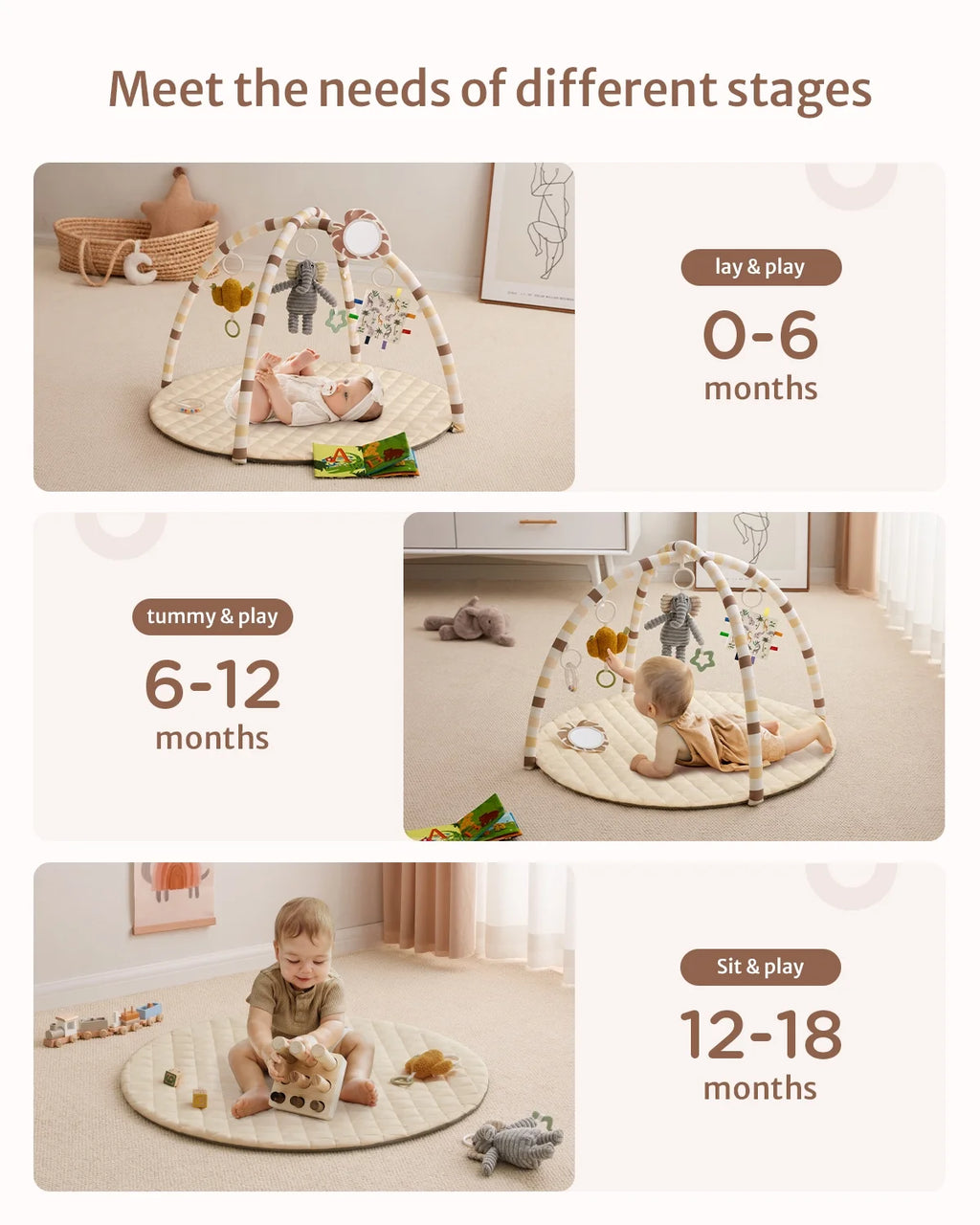 Baby Play Gym Activity Mat, Tummy Time Mat Play Mat with 6 Sensory Toys for Motor Skill Development, Newborn Infant Baby Essentials Gift for Boys Girls, Oatmeal Beige