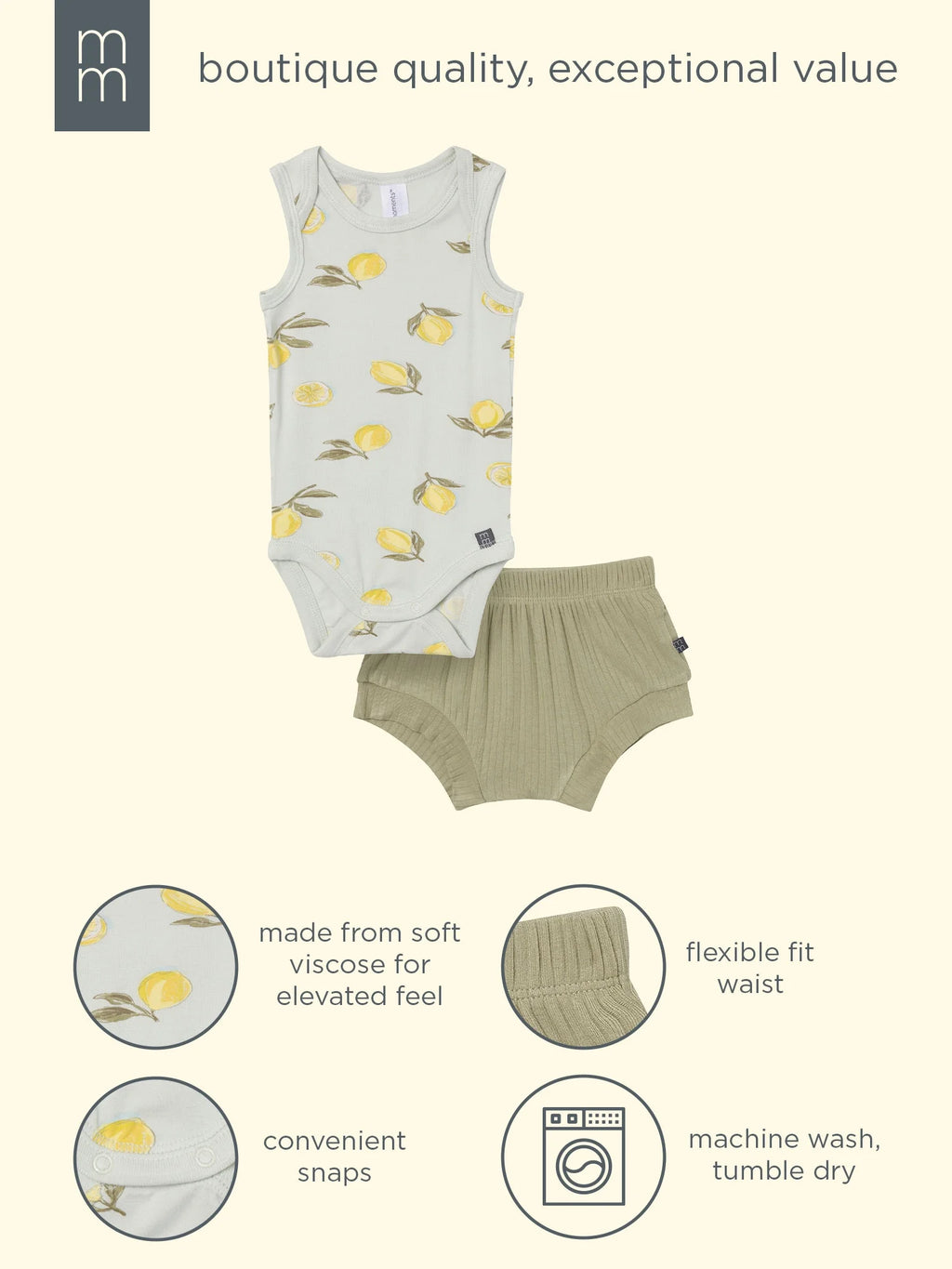 by Gerber Baby Neutral Viscose Sleeveless Bodysuit and Short Outfit Set, 2-Piece, Sizes Newborn - 12 Months