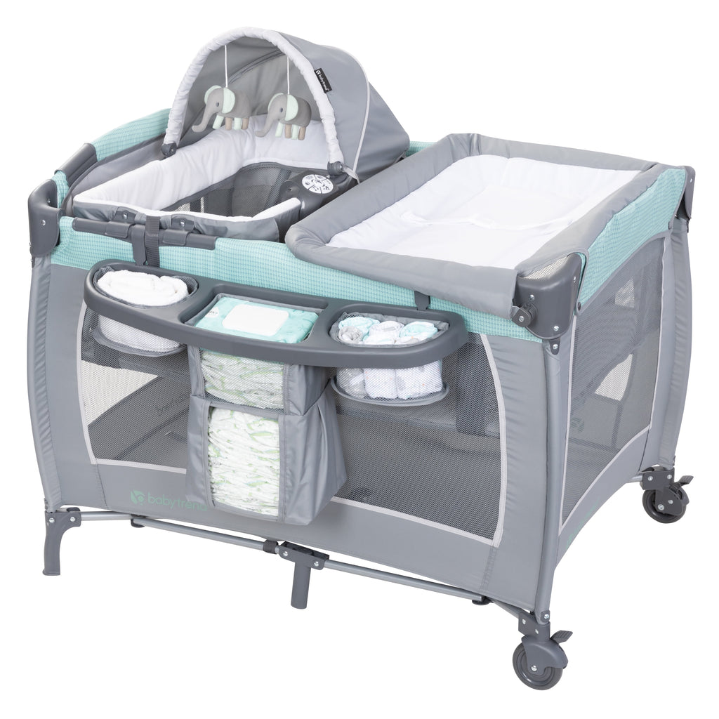 Baby Trend Lil Snooze Deluxe III Nursery Center Playard with Portable Bassinet, Cozy Mint