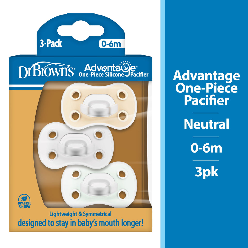 Advantage One-Piece Silicone Baby Pacifier, Fully Symmetrical, Neutral, 0-6M, 3 Pack