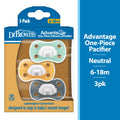 Advantage Lightweight One-Piece Silicone Baby Pacifier, Fully Symmetrical Soother, Neutral, 6-18M, BPA Free, 3 Pack