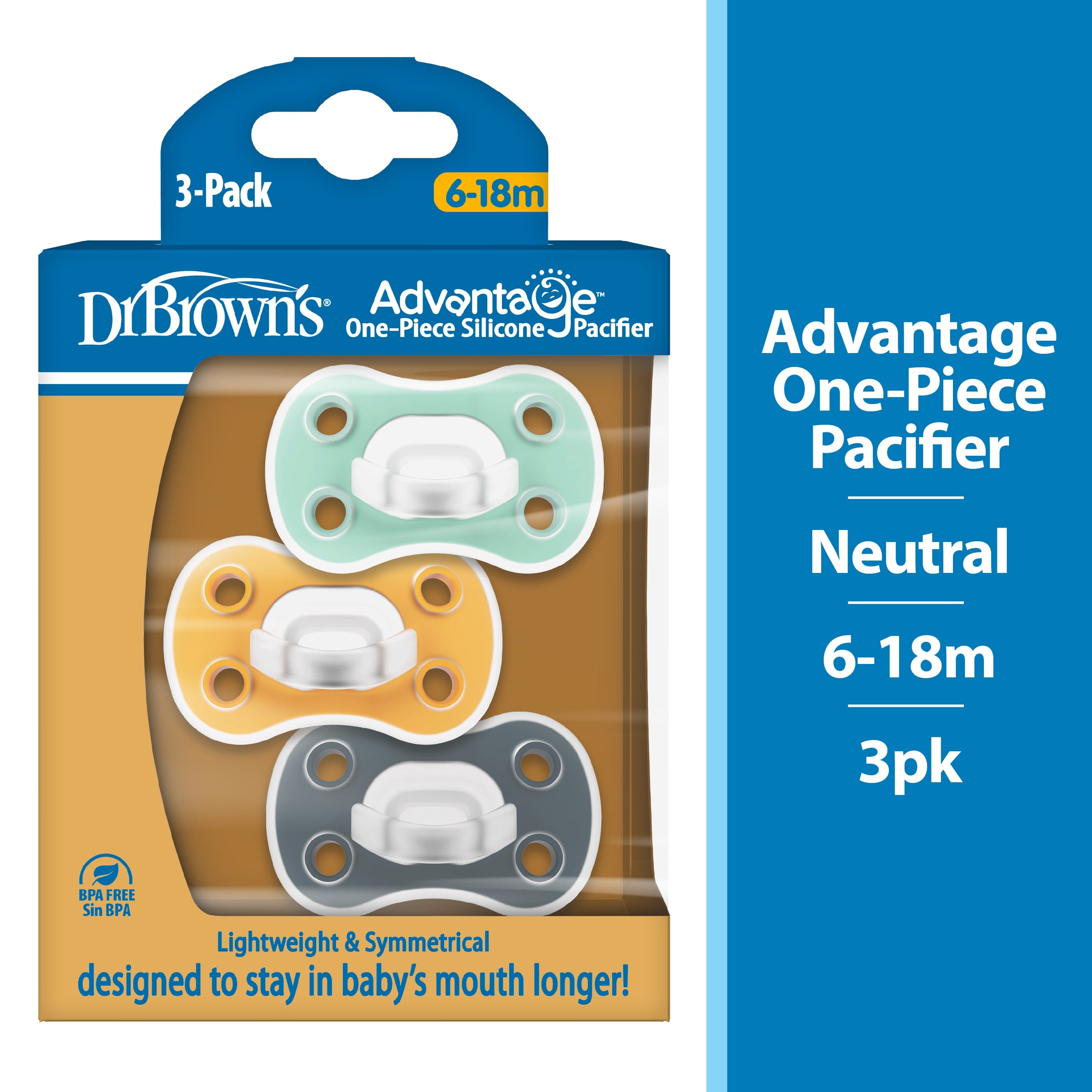 Advantage Lightweight One-Piece Silicone Baby Pacifier, Fully Symmetrical Soother, Neutral, 6-18M, BPA Free, 3 Pack