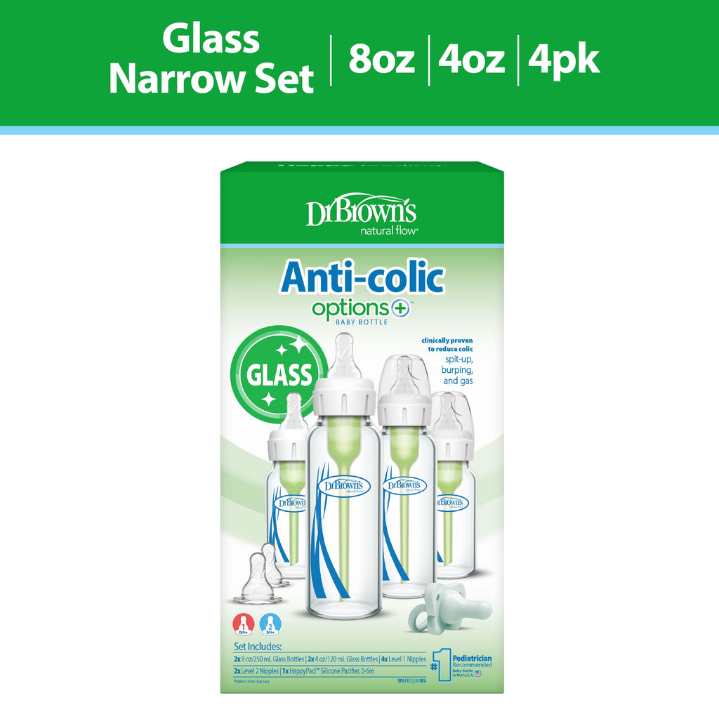 Anti-Colic Options+ Narrow Glass Bottle Starter Set, 4 Oz / 8 Oz Bottles, Level 1 and 2 Nipples, and Happypaci Pacifier