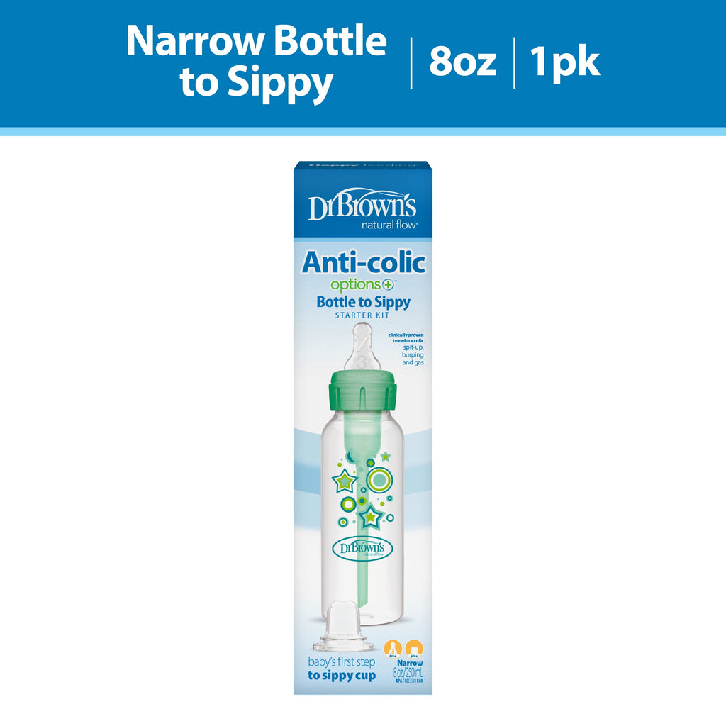 Anti-Colic Options+ Narrow Sippy Bottle Starter Kit, 8Oz/250Ml, Green, BPA Free, 6M+