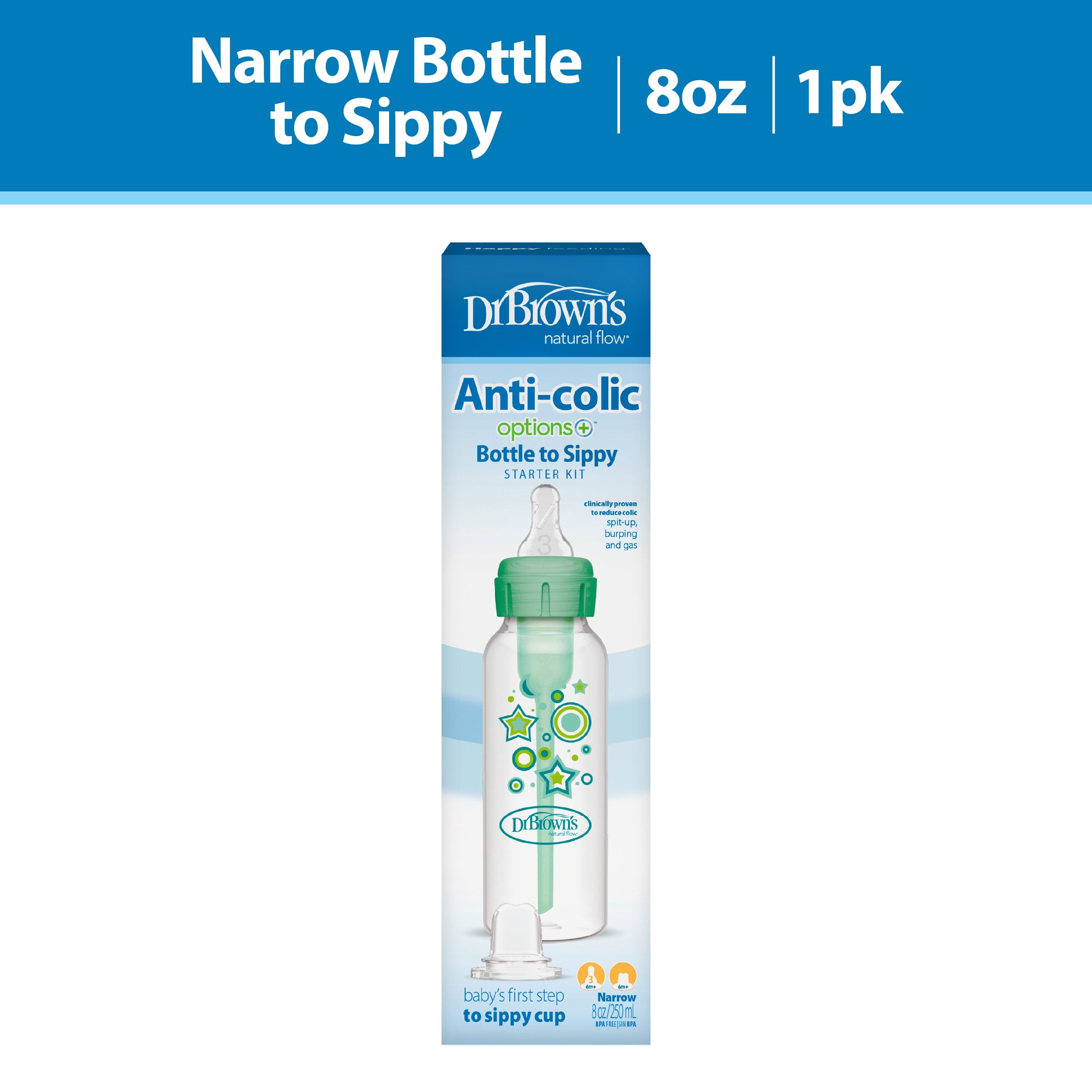 Anti-Colic Options+ Narrow Sippy Bottle Starter Kit, 8Oz/250Ml, Green, BPA Free, 6M+