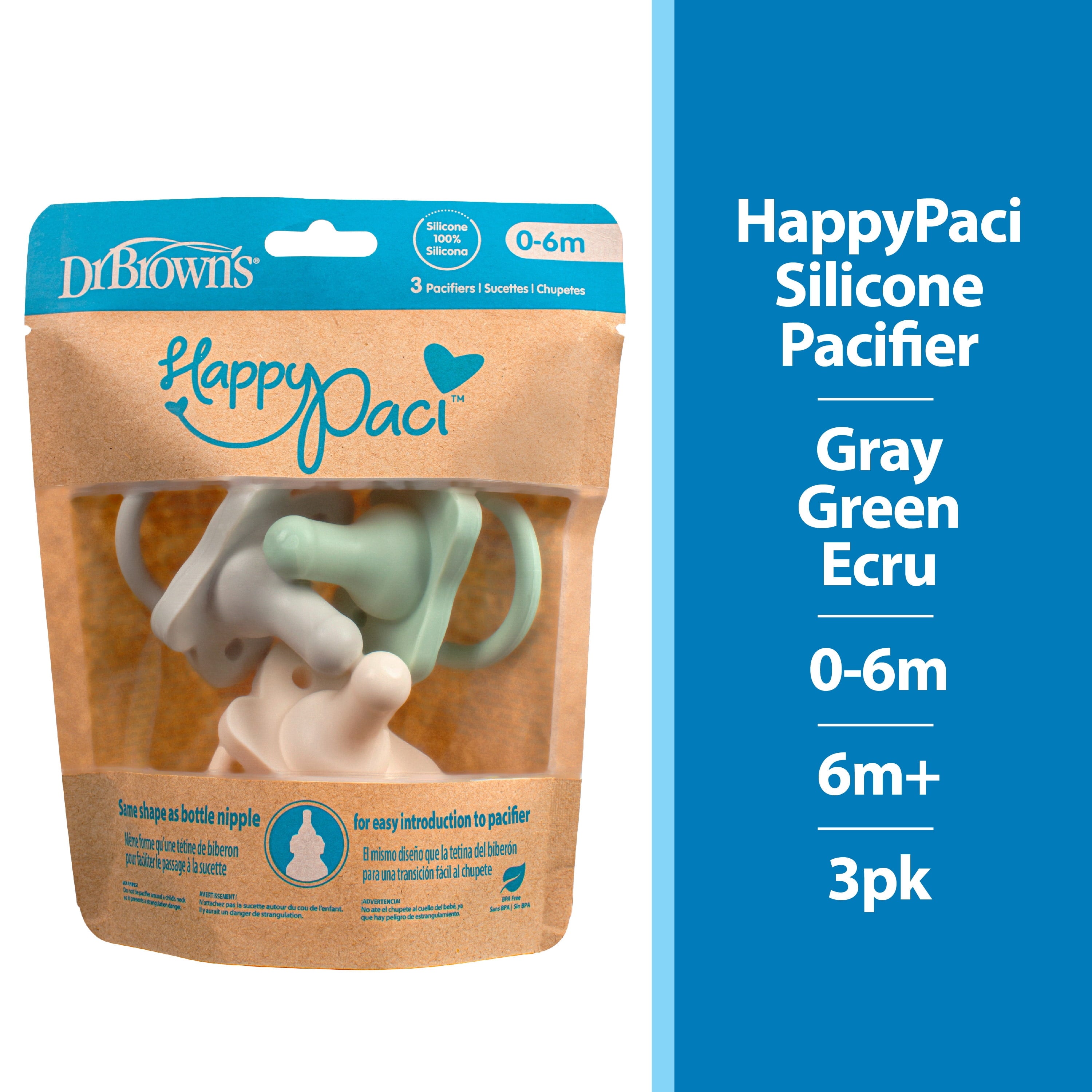 Happypaci 100% Silicone Pacifier 0-6M, BPA Free, Cool Gray, Green, Ecru, 3 Pack