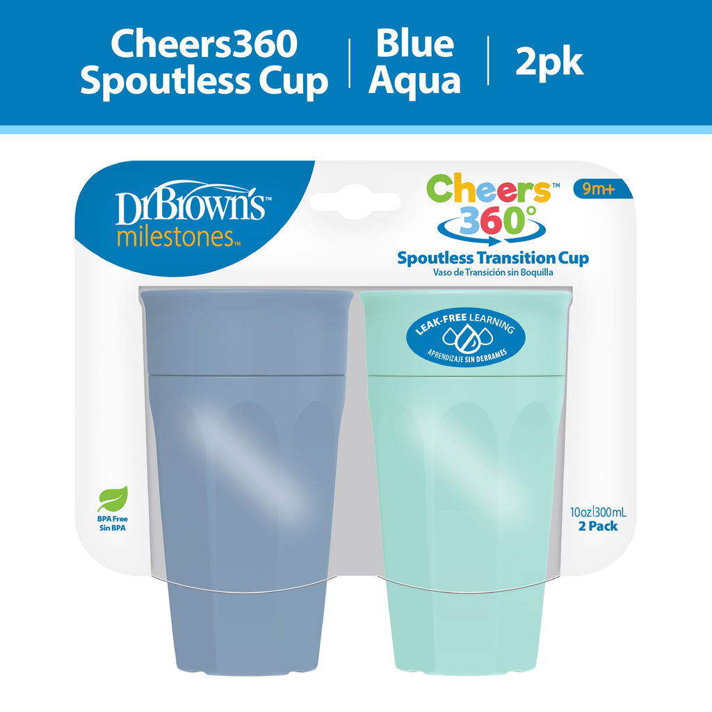 Milestones Cheers 360 Training Cup for Toddler/Baby, Leak-Free, Blue/Aqua, 10 Oz, 9M+, 2-Pack