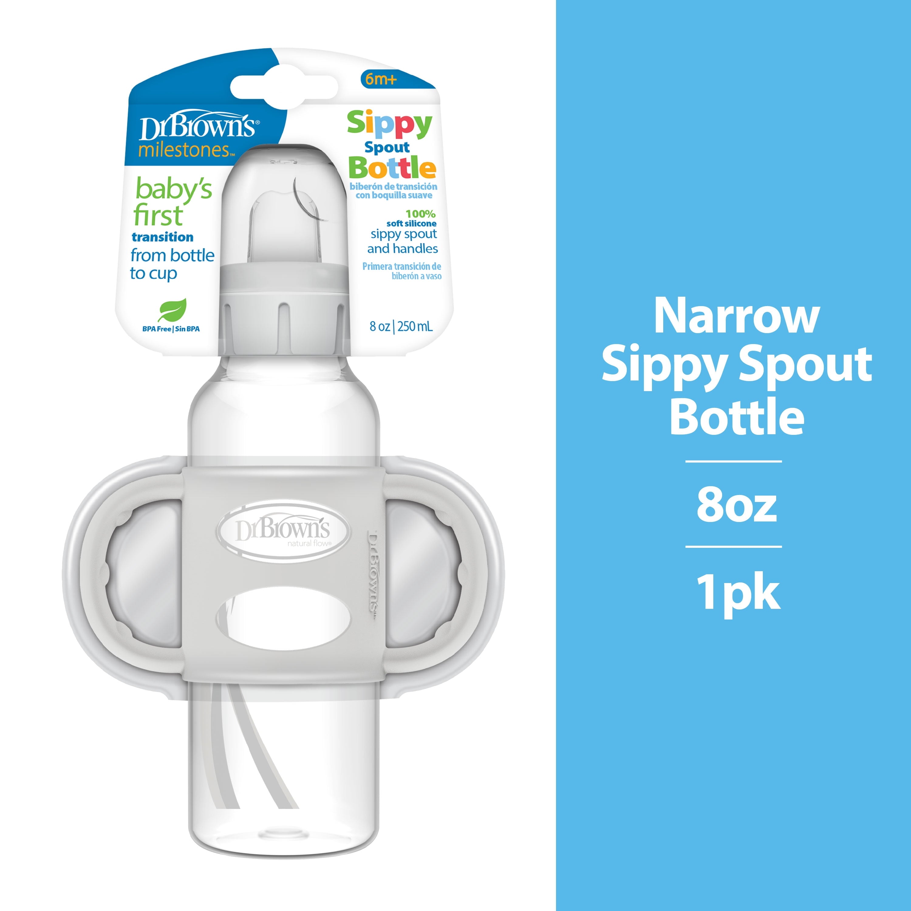 Milestones Narrow Sippy Spout Bottle, 100% Silicone Handles, 8Oz/250Ml, 6M+, BPA Free, Gray