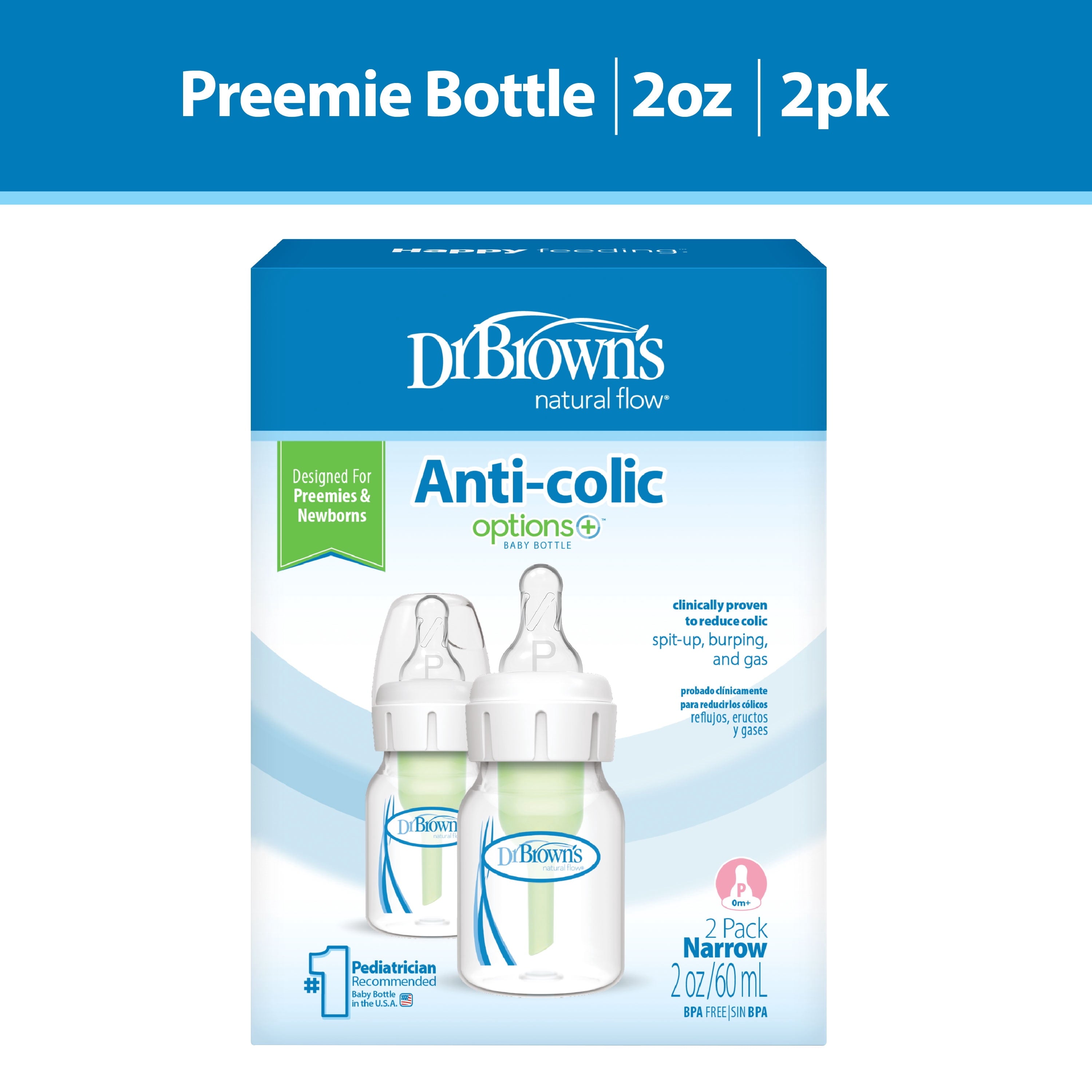 Natural Flow Anti-Colic Options+ Narrow Baby Bottle, 2Oz/60Ml, Preemie Flow, 0M+, 2 Pack