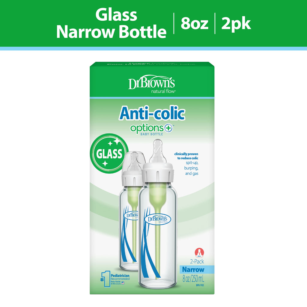 Anti-Colic Options+ Narrow Glass Baby Bottle, 8 Oz/250 Ml, with Level 1 Slow Flow Nipple, BPA Free, 0M+, 2 Pack