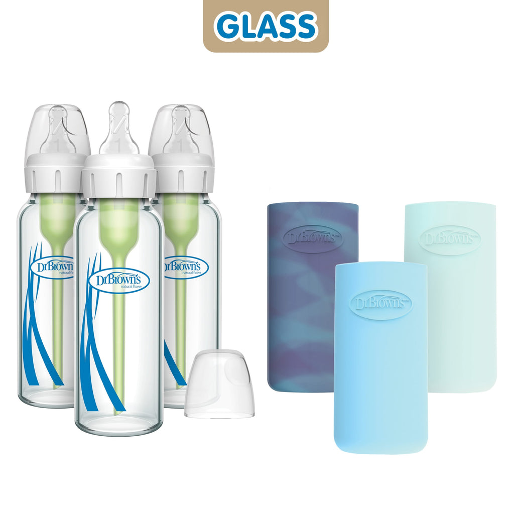 Natural Flow Anti-Colic Options+ Narrow Glass Baby Bottle, 8Oz, Blue/Glow Sleeves, 3 Pack
