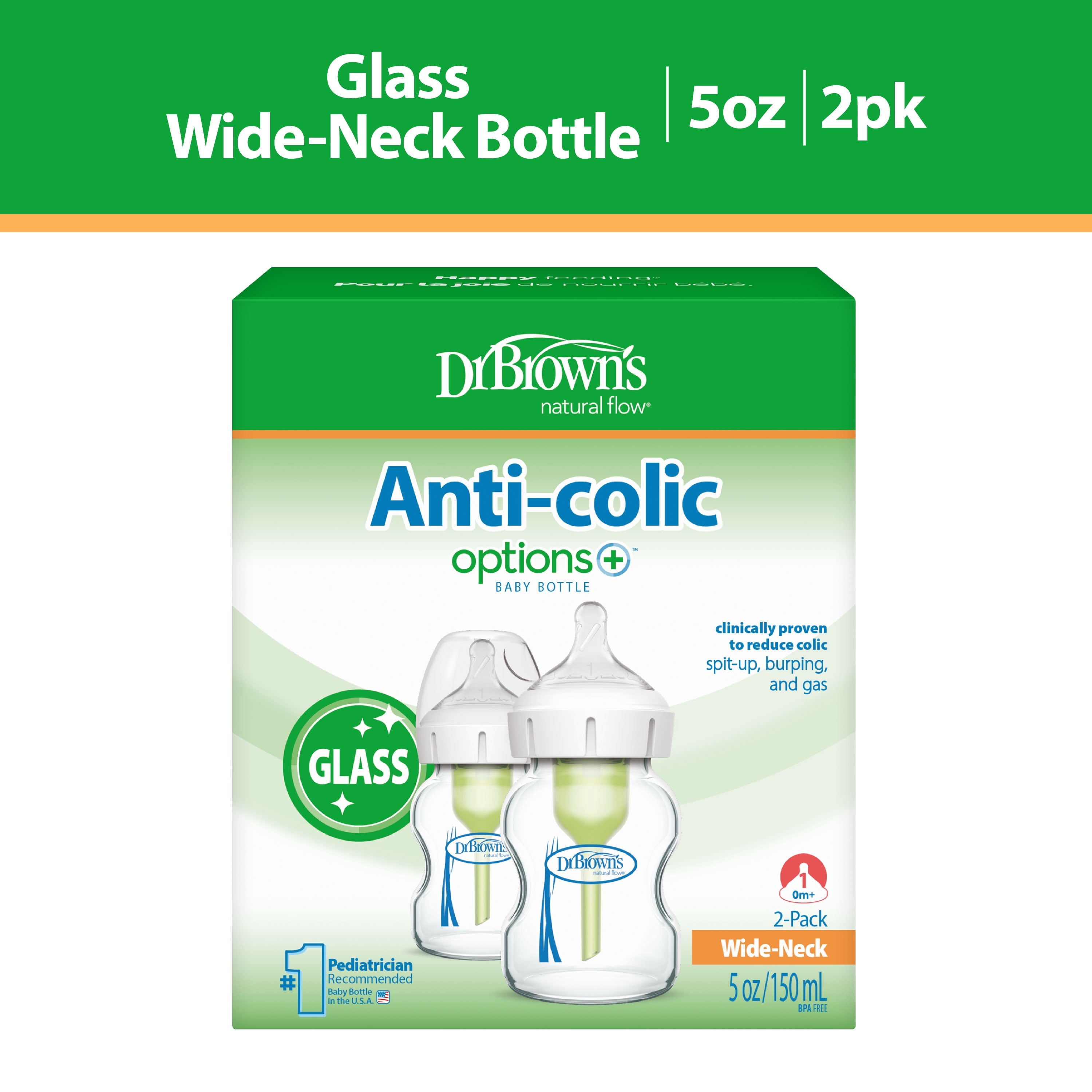 Anti-Colic Options+ Wide-Neck Glass Baby Bottle, 5Oz, Slow Flow Nipple, BPA Free, 0M+, 2-Pack