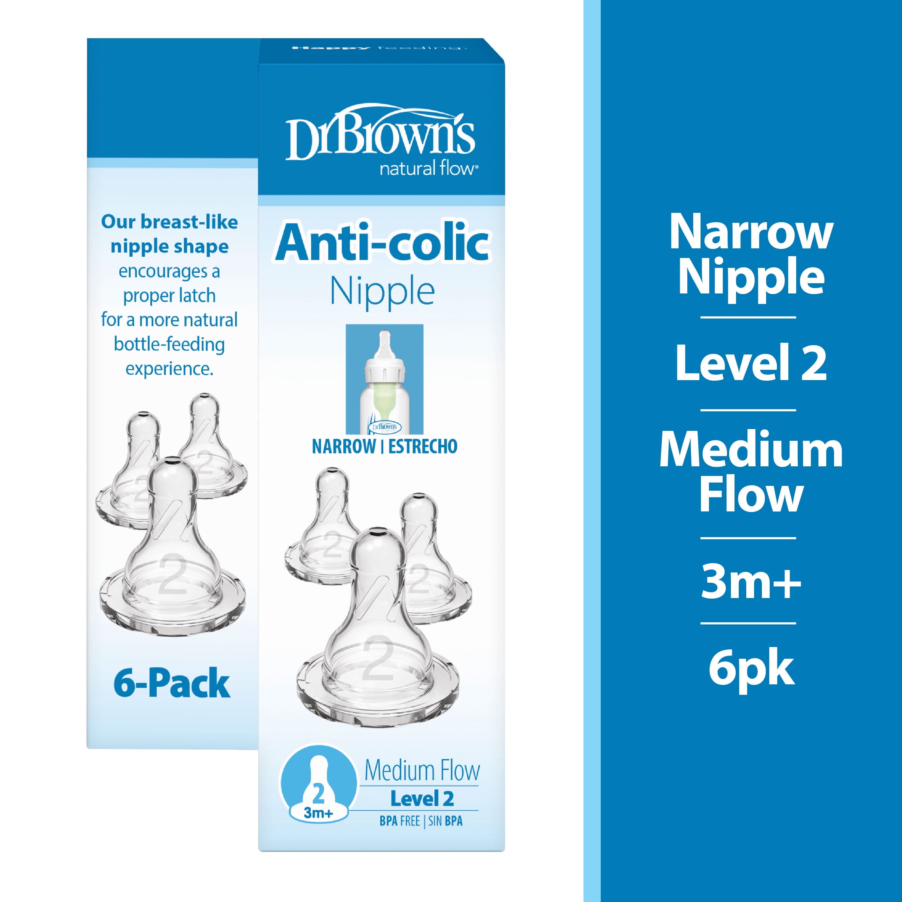 Natural Flow Level 2 Narrow Baby Bottle Silicone Nipple, Medium Flow, 3M+, 100% Silicone Bottle Nipple, 6 Pack