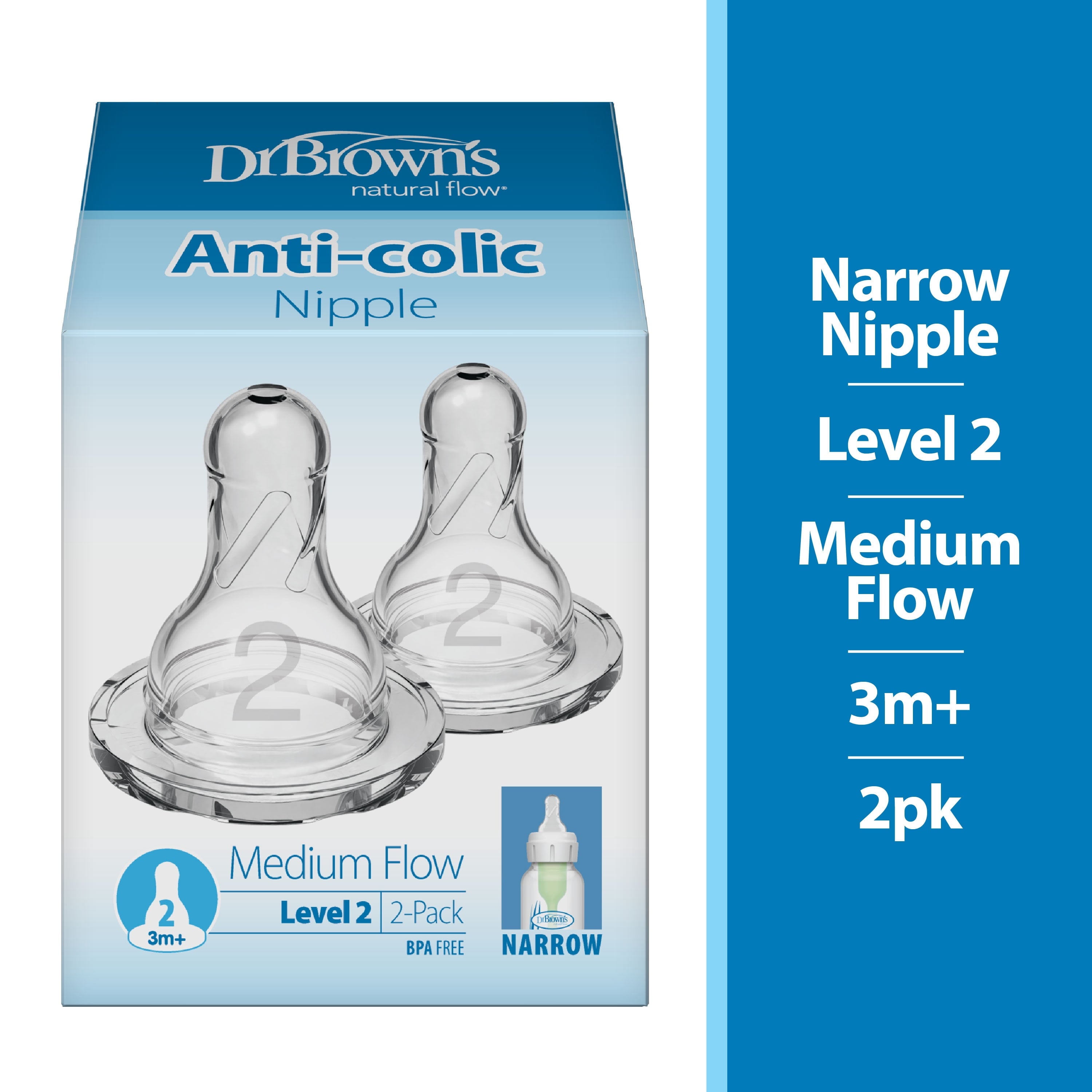 Natural Flow Level 2 Narrow Baby Bottle Nipple, Medium Flow, 3M+, 100% Silicone, 2-Pack