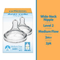 Natural Flow Level 2, Wide-Neck Baby Bottle Nipple, Medium Flow, 3M+, 100% Silicone, 2 Pack
