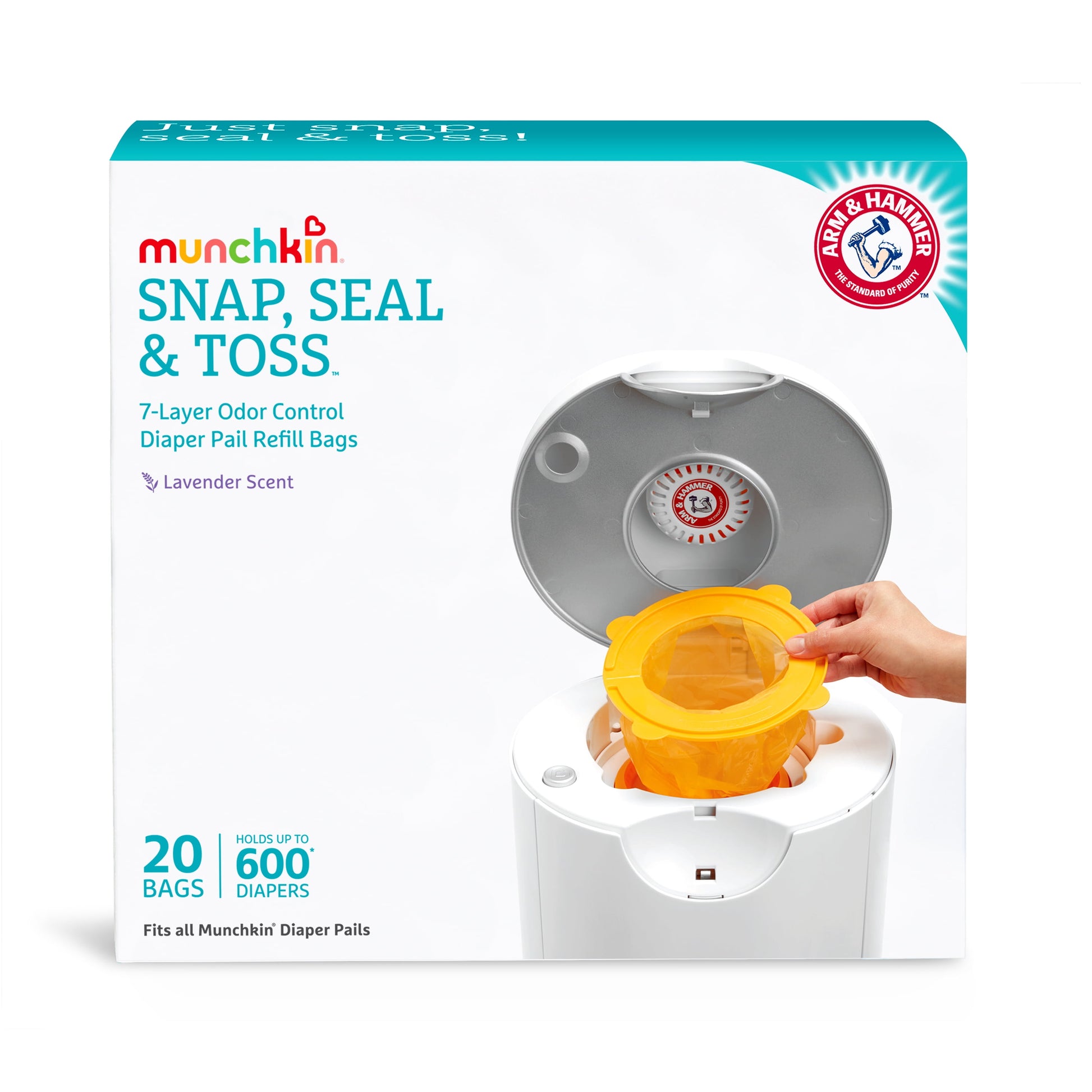 Munchkin® Arm & Hammer™ Snap, Seal & Toss Diaper Pail Bag Refills, Hold up to 600 Newborn Diapers, 20 Pack