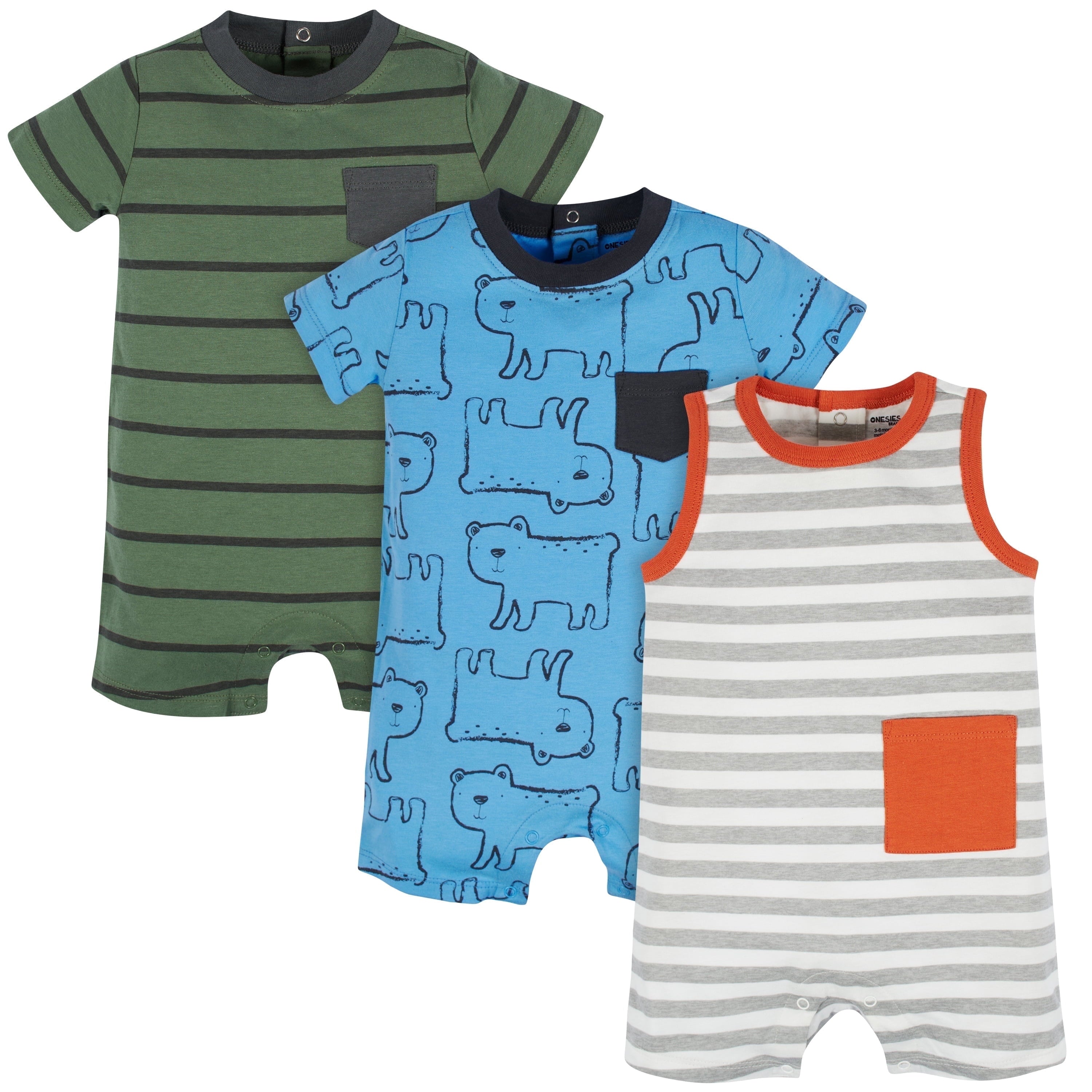 Brand Baby Boy Short Sleeve and Sleeveless Rompers, 3-Pack, Sizes 0/3 Months - 24 Months