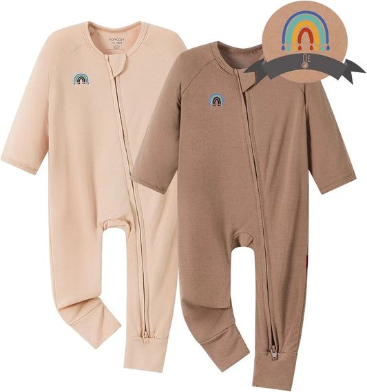 Momcozy Bamboo Fiber Baby Bodysuit 2-Piece Set,No Feet Covered BP002 6-12 Months Pink + Brown