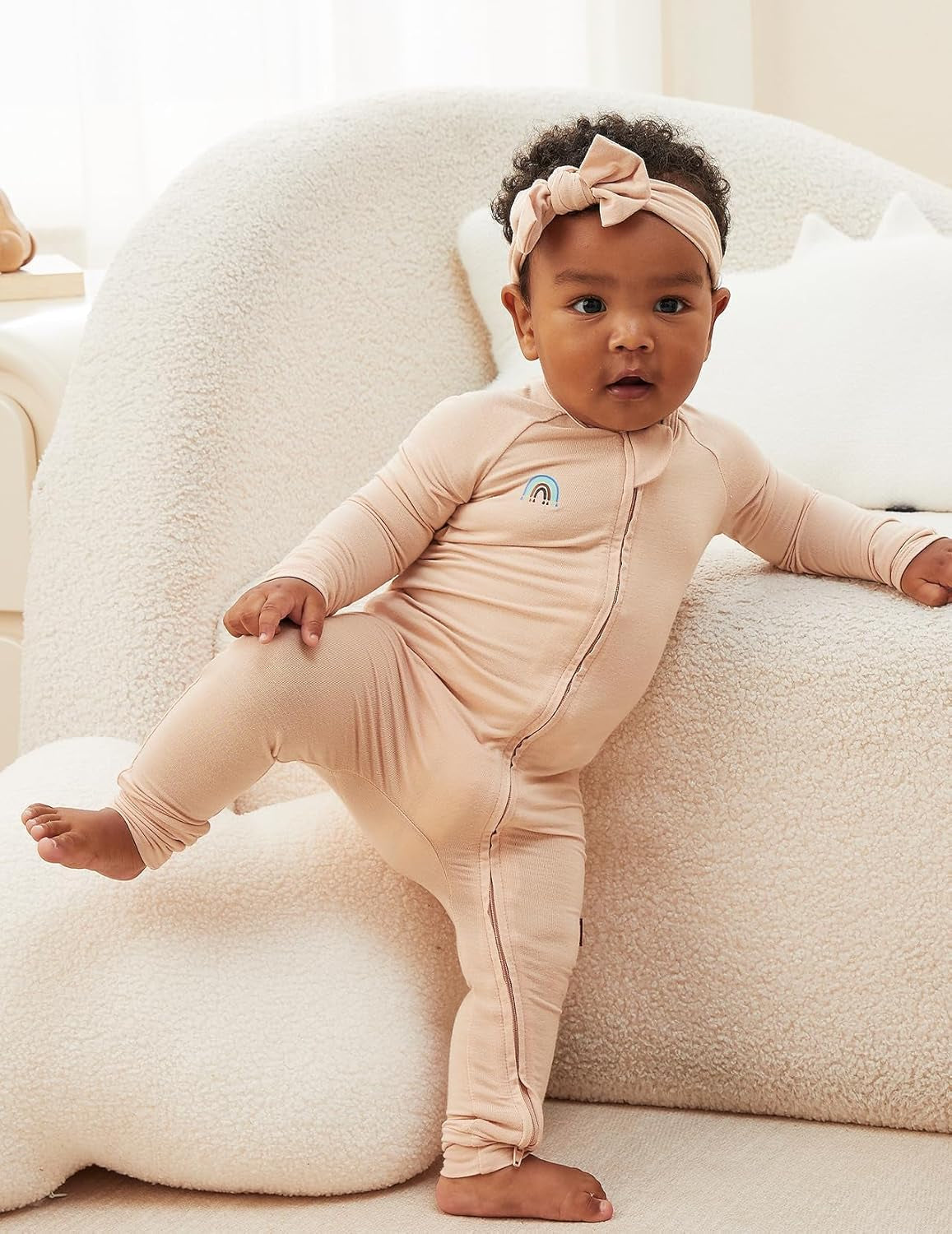 Momcozy Bamboo Fiber Baby Bodysuit 2-Piece Set,No Feet Covered BP002 6-12 Months Pink + Brown